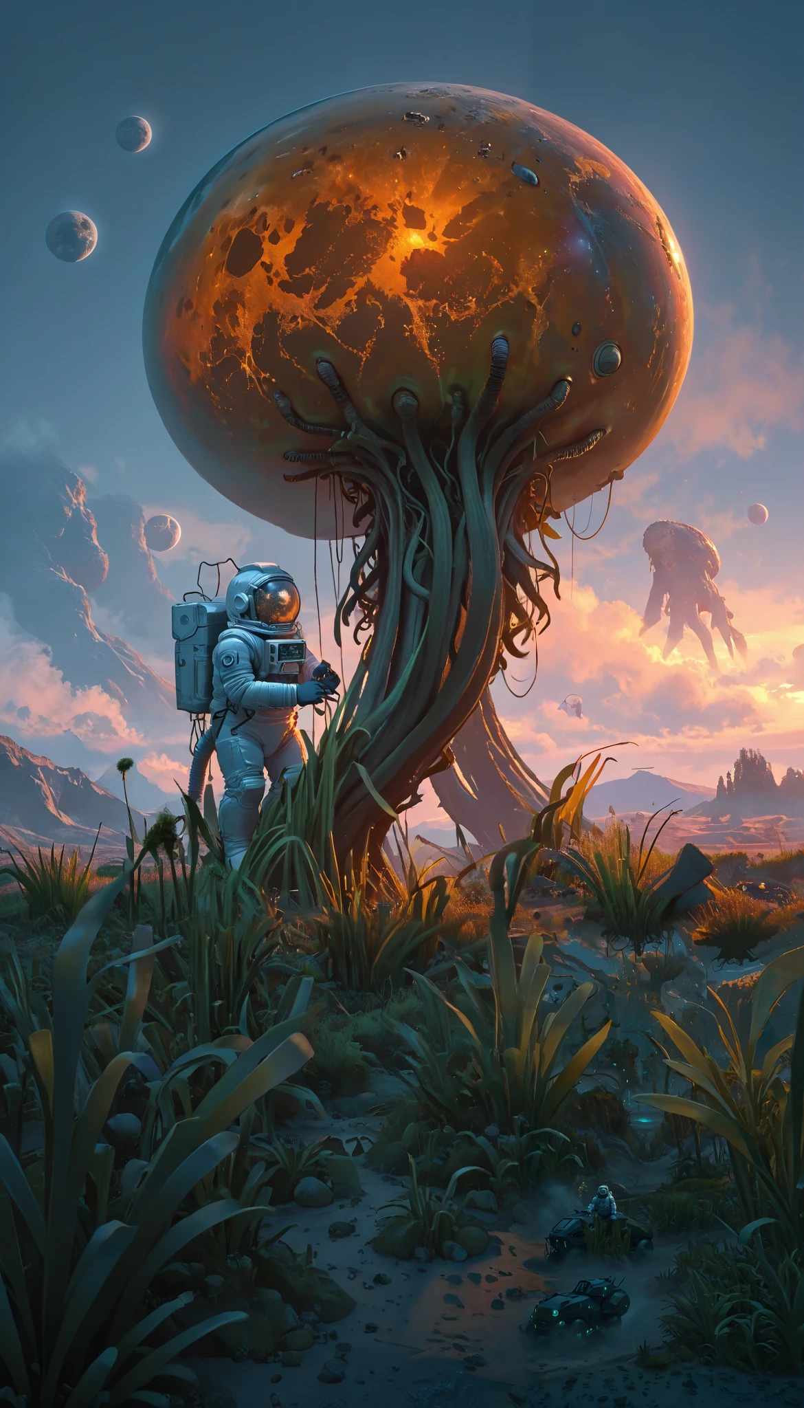 an astronaut,Extraterrestrial trees,( full body:0.8), (science-fiction astronaut  :1.3) with a (lunar vehicle :1.4), (hostile planet ),(mountains:1.2) (Tall grass:1.4), rocks, fluffy clouds in the sky,  highly detailed , Fine details, intricate,(bloom:0.8),  great depth of field , aliens with tentacles stalking the astronaut,Aliens in the grass ,(alien:1.2)