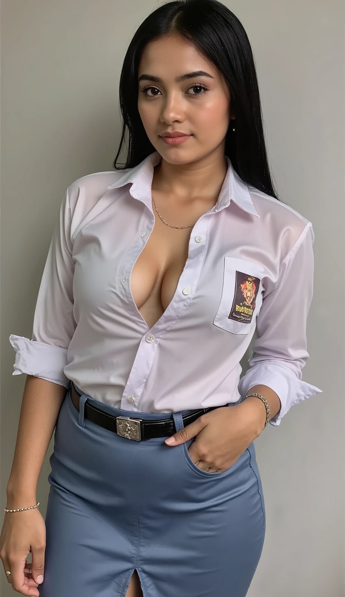 jakarta high school, indonesian brown cute girl 19 years old posing sexy, busty body, photo shoot, realistic, the shirt 2 buttons is open, very long skirt, big boobs, black short ponytail hair, tanned skin, standing next to wall, wet clothes, transparent, nipples, wet skin, erected nipples