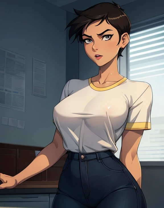 young woman,with a very beautiful appearance,Medium breasts, sexy body,black hair tied into a high ponytail with a black elastic band,white eyes, dressed in sexy pajamas,sitting on the sofa with his little son,son without clothes naked, they watch cartoons on TV,son shows his mother his penis covered in sperm, the girl holds her son by the penis with a surprised look,boy smiling, are in the apartment