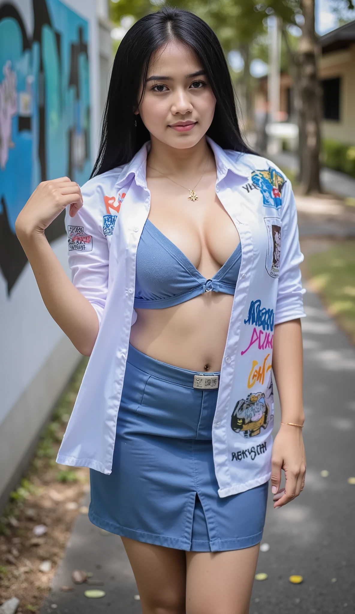 jakarta high school, agers, indonesian brown cute girl 19 years old posing sexy, busty body, photo shoot, realistic, skinny body, light blue brocade bra inside shirt, the shirt 2 buttons is open, graffiti on shirt, very long skirt, big boobs, black short ponytail hair, tanned skin, standing next to wall, nipples, wet skin, erected nipples