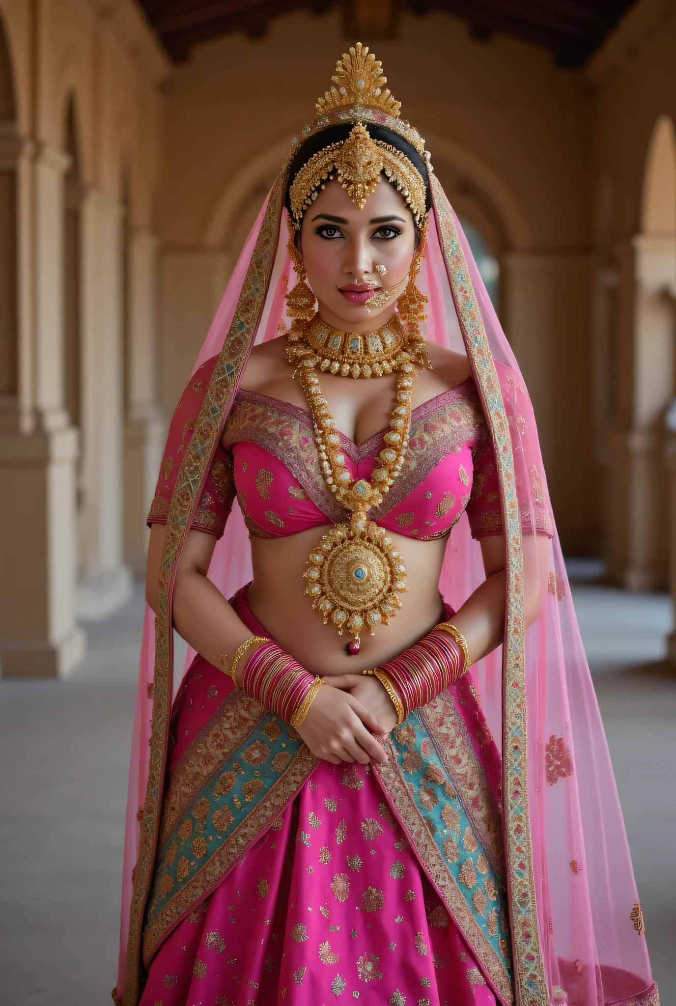 An Indian princess with huge natural breasts revealing cleavage is wearing a pink and turquoise silk lehenga with gold embroidery and a pink dupatta on the head, adorned with heavy gold jewelry like a necklace and bangles. earrings, nose rings, septum, navel piercing, maang tikka, and bangles, wearing an Indian crown (Mukut), walking gracefully in a royal castle, full body, medieval India.