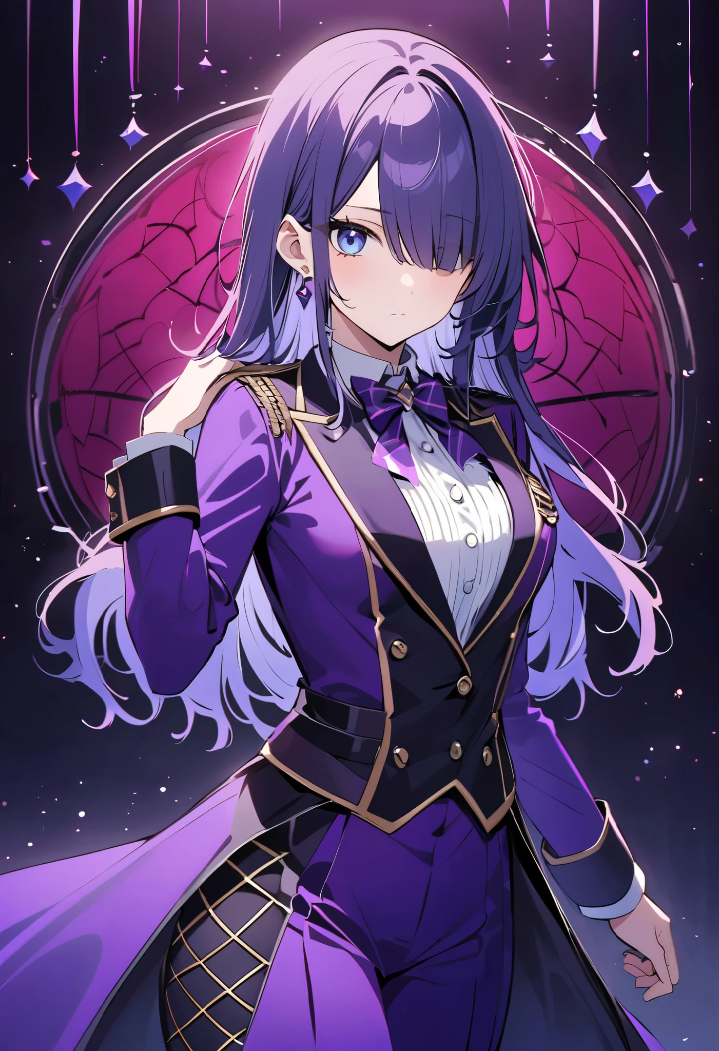 Purple long hair、ソロのPrince、1 person、Bangs that cover one eye、 with bangs on one side over the ear 、 purple luxury jacket long sleeve、 white shirt、Prince、 fancy mesh costume、 hanging eye、 cool face、 blue eyes、Purple long pants、 purple bow tie 、Small perrys、uniform、Cool beautiful girl、