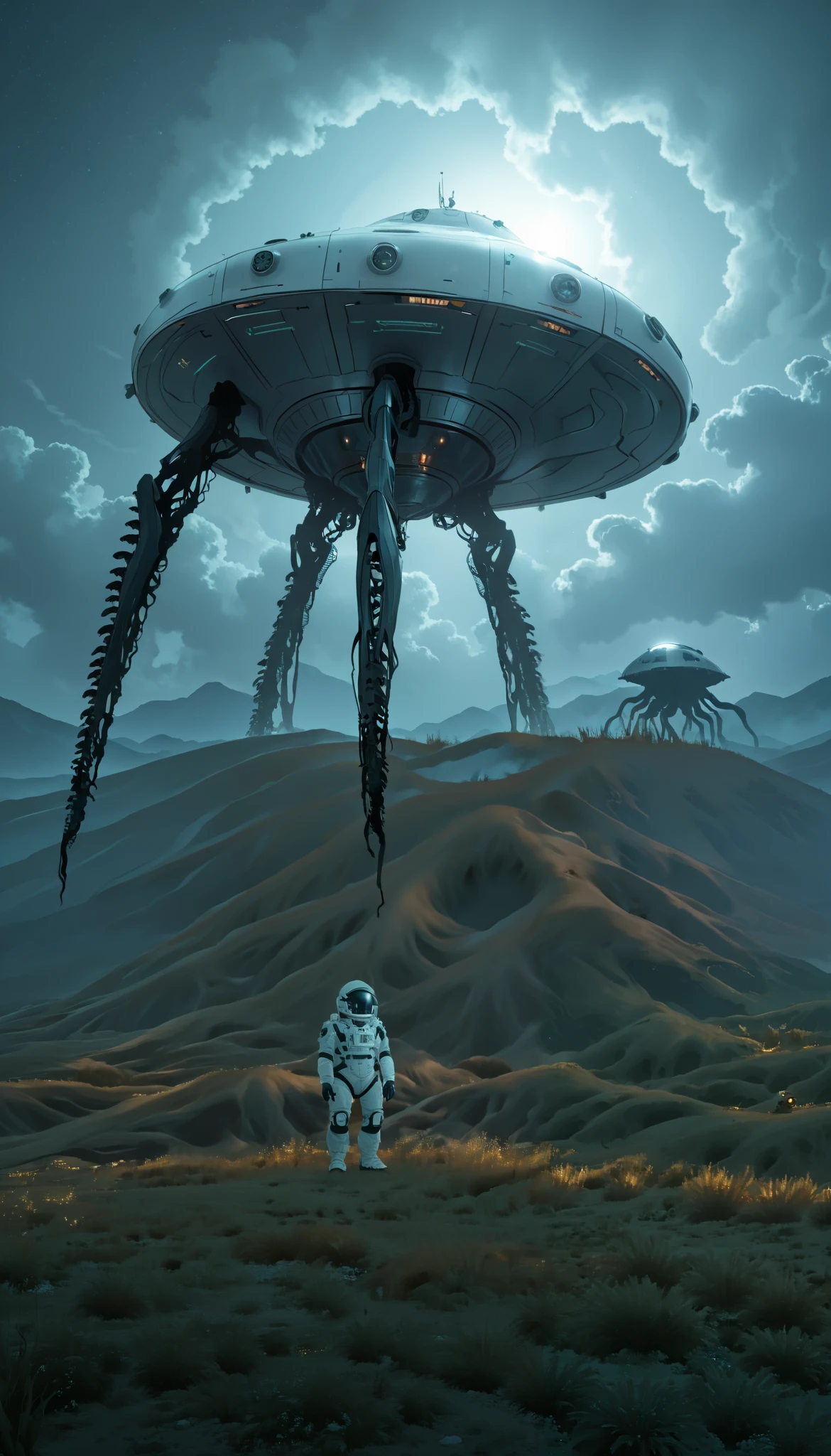 an astronaut,( full body:0.8), (science-fiction astronaut :1.3) Extraterrestrial jungle,with a (lunar vehicle :1.4), (hostile planet ),(mountains:1.2) (Tall grass:1.4), rocks, fluffy clouds in the sky, highly detailed , Fine details, intricate,(bloom:0.8), Great depth of field , aliens with tentacles stalking the astronaut,Aliens in the grass ,(alien:1.2)