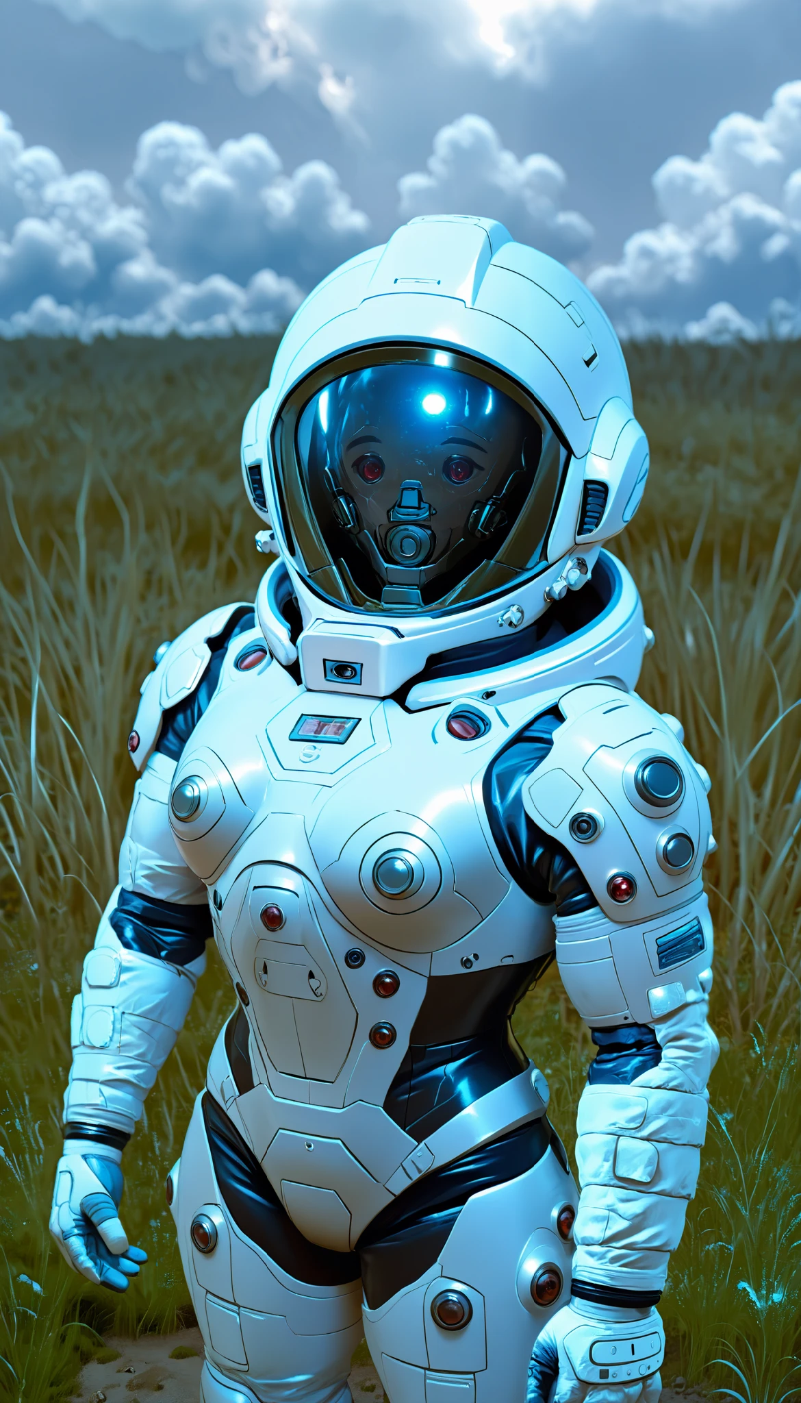 An astronaut face to face with Alien, (science-fiction astronaut :1.3) with a (lunar vehicle :1.4), (hostile planet ),(mountains:1.2) (Tall grass:1.4), rocks, fluffy clouds in the sky, highly detailed , Fine details, intricate,(bloom:0.8), Great depth of field , aliens with tentacles stalking the astronaut,Aliens in the grass ,(alien:1.2)