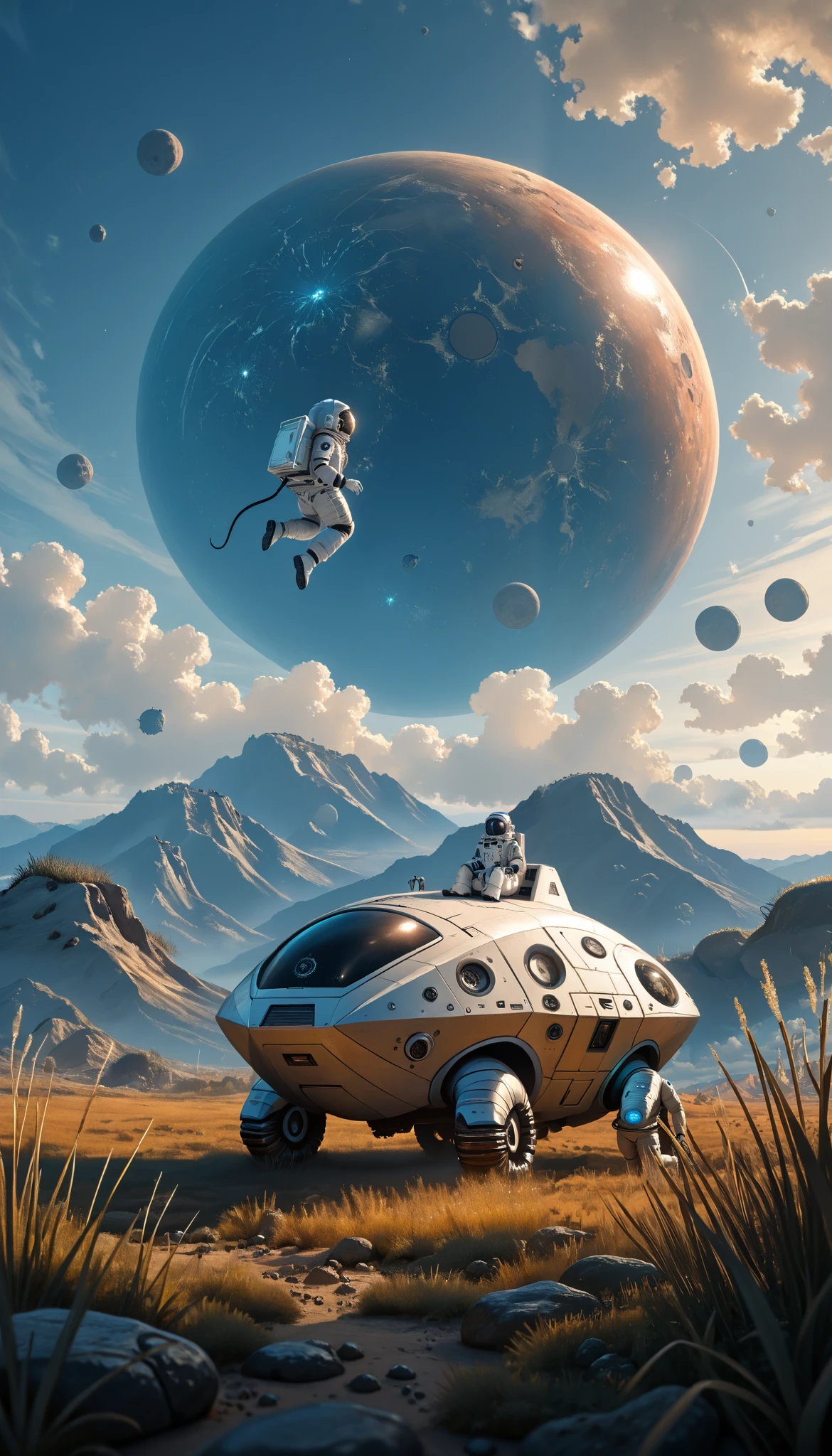 an astronaut,Extraterrestrial trees, (science-fiction astronaut :1.3) with a (lunar vehicle :1.4), (hostile planet ),(mountains:1.2) (Tall grass:1.4), rocks, fluffy clouds in the sky, highly detailed , Fine details, intricate,(bloom:0.8), great depth of field , aliens with tentacles stalking the astronaut,Aliens in the grass ,(alien:1.2)