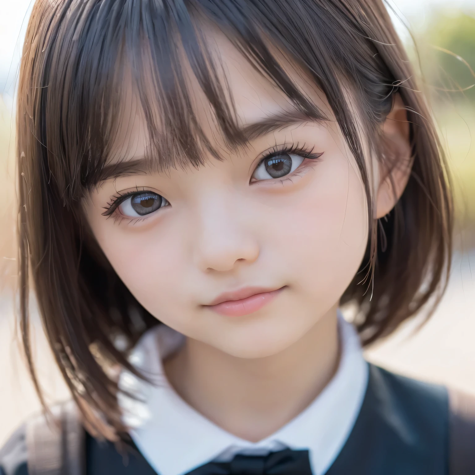 ((Live 2D)) Masterpiece, one girl ,Young face 、((( Japanese)))、(((Young girl))),(((Cute face like an ))),(((10age))), full body gentle face 、 Happy Faces ,((( heavy makeup))),((( long lashes))),(((Thick mascara))) ,(((Round face))),((( round eyes ))),((( big eyes))), standing straight , , cute japanese high school uniform, Viewer, detailed face , girl with green 、(((Straight hair down to the shoulders))), ((( Princess Cut))), , gradient hair, Multi Colored Hair , small smile , , gradation eyes , (((Deep black eyes))) , ( simple background, white background : 1.3)、((( upper body photo))),((( small smile )))、((( face swelling ))),(((Round face))),((( the wind is blowing ))),((( face with collar)))