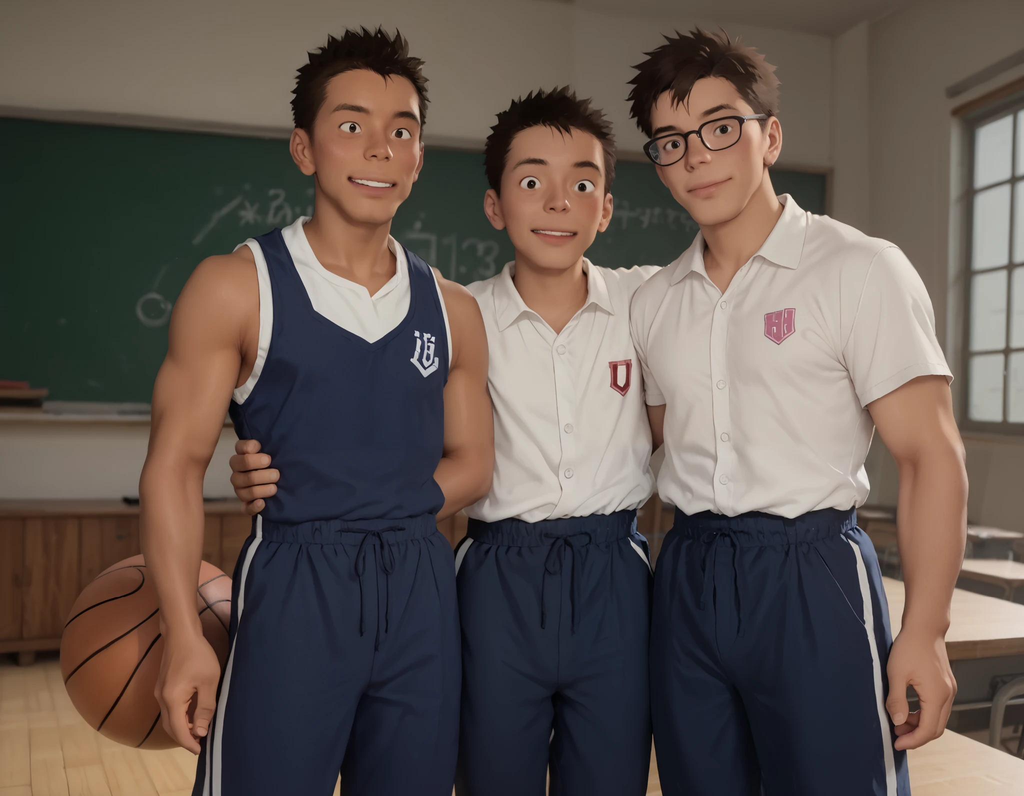 Duo、 fair-skinned serieme-kun with glasses and muscular, brown-skinned basketball club manager、 in school、Everyone's popular person、The pink bib is wearing a basketball club bib、 brown skin that looks great with pink 、The fair-skinned Megane is wearing a white shirt uniform and blue uniform pants underneath、 talking happily in the classroom , Shiba Yuuji