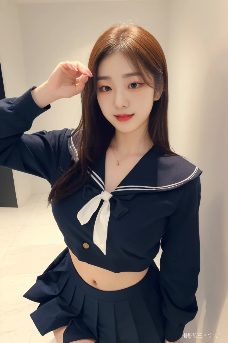 ((top-quality、8k、​masterpiece:1.3))、Beautiful woman with perfect body:1.4、slim abdomen:1.2、Longhair, normal breast, Highly detailed facial and skin texture, A detailed eye, delicate eyes, double eyelid, (smile), (full body shot), ((office)), (sitting on chair), ((wearing blue uniform 1.2)), looking in front