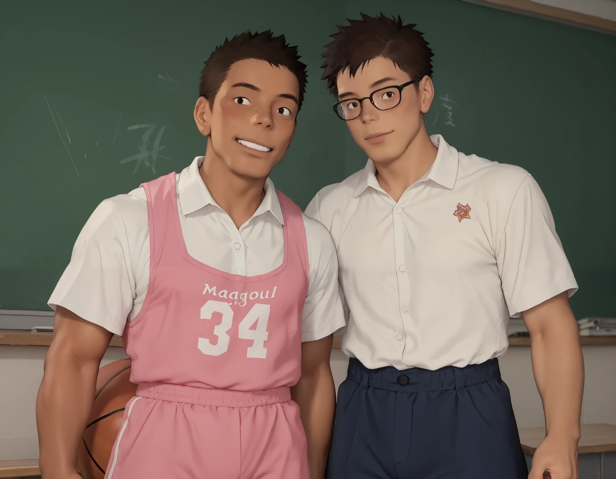 Duo、 fair-skinned serieme-kun with glasses and muscular, brown-skinned basketball club manager、 in school、Everyone's popular person、The pink bib is wearing a basketball club bib、 brown skin that looks great with pink 、The fair-skinned Megane is wearing a white shirt uniform and blue uniform pants underneath、 talking happily in the classroom , Shiba Yuuji