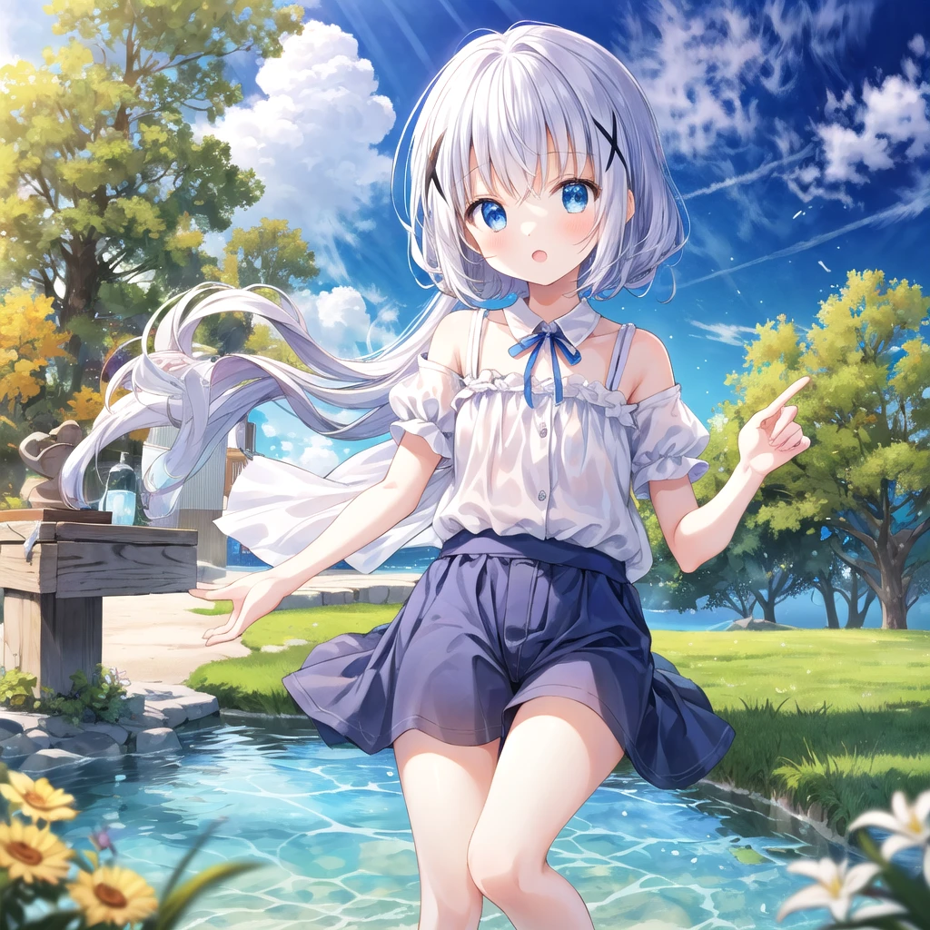 (pastel colour:1.2)、Fresh hydrangea flower background、With a girl、Laughter、Beautifully detailed、Haze、colorful、marble、Particles of light、Morning Glow、From directly below、Girl jumping into the river、Jumping、Clear Stream、rock、Summer clothes、Deep River、Water Drop、dynamism
