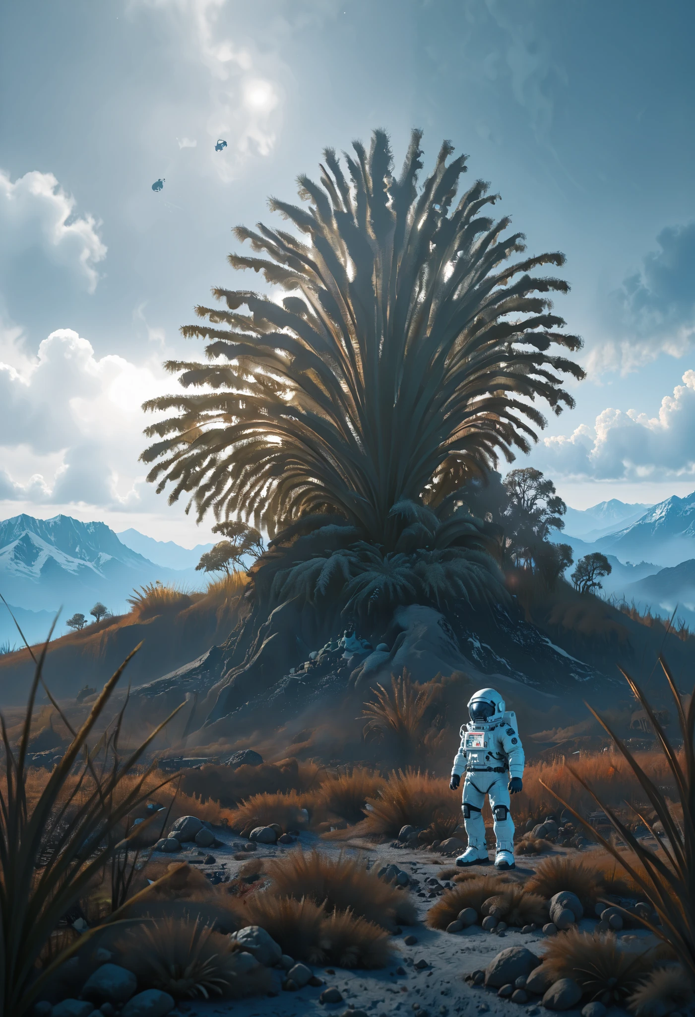 an astronaut,Extraterrestrial trees, (science-fiction astronaut  :1.3) with a (lunar vehicle :1.4), (hostile planet ),(mountains:1.2) (Tall grass:1.4), rocks, fluffy clouds in the sky,  highly detailed , Fine details, intricate,(bloom:0.8),  great depth of field , aliens with tentacles stalking the astronaut,Aliens in the grass ,(alien:1.2)