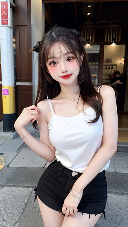 ((4K works))、​masterpiece、(top-quality)、1 beutiful girl、Slim body、tall、((Attractive casual clothes in black and white))、(Detailed beautiful eyes)、Take selfies on the road at night、((Face similar to Carly Rae Jepsen))、((Long boyish red hair))、((Smaller face))、((Neutral face))、((Bright blue eyes))、((American adult women))、((Adult female 26 years old))、((cool lady))、((Like a celebrity))、((Smiling expression))、((Korean Makeup))、((elongated and sharp eyes))、((Happy dating))、((boyish))、((She is walking in front of the viewer))、Professional Photos、Icon Photo