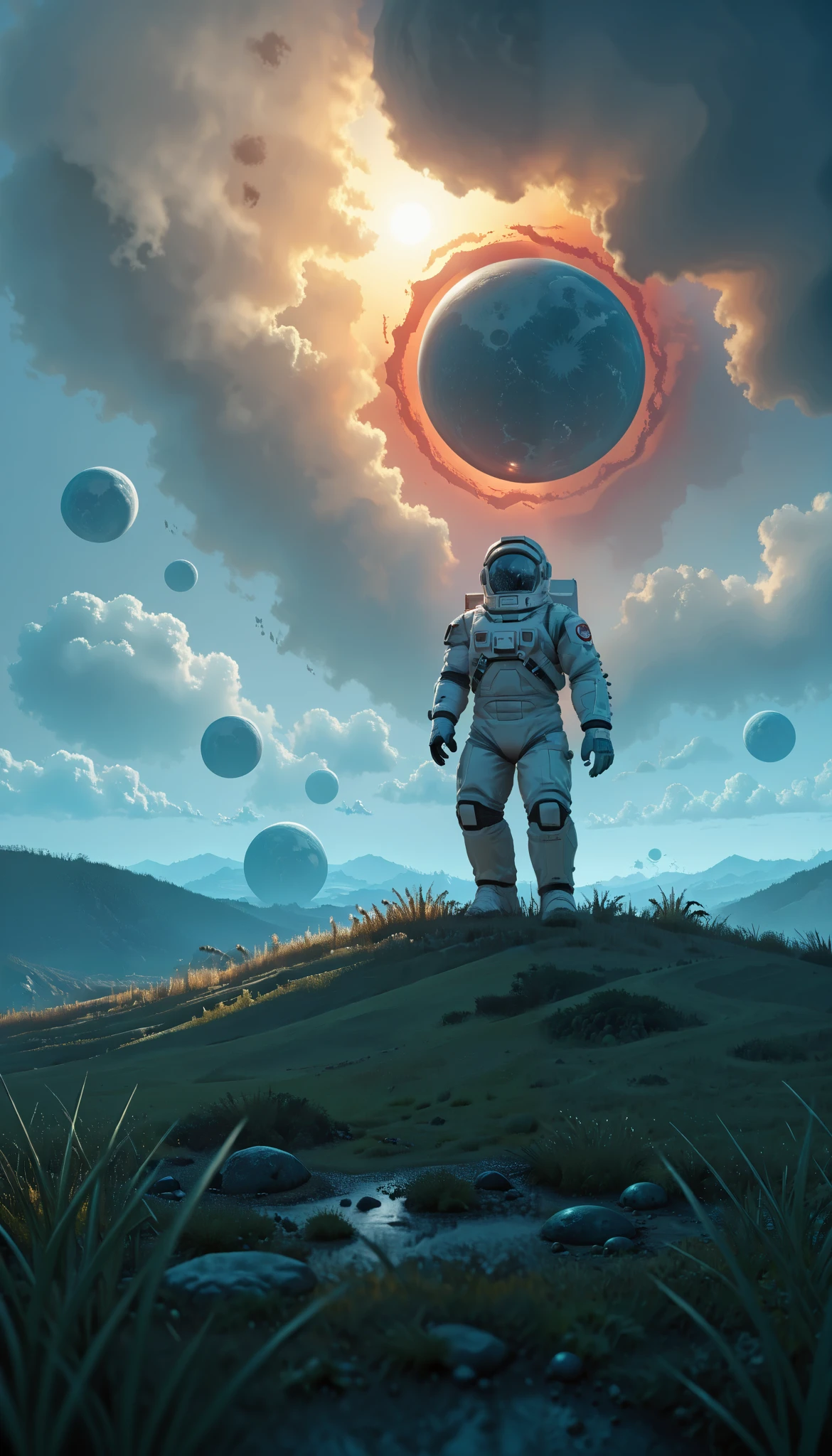 an astronaut,Extraterrestrial trees, (science-fiction astronaut :1.3) with a (lunar vehicle :1.4), (hostile planet ),(mountains:1.2) (Tall grass:1.4), rocks, fluffy clouds in the sky, highly detailed , Fine details, intricate,(bloom:0.8), great depth of field , aliens with tentacles stalking the astronaut,Aliens in the grass ,(alien:1.2)