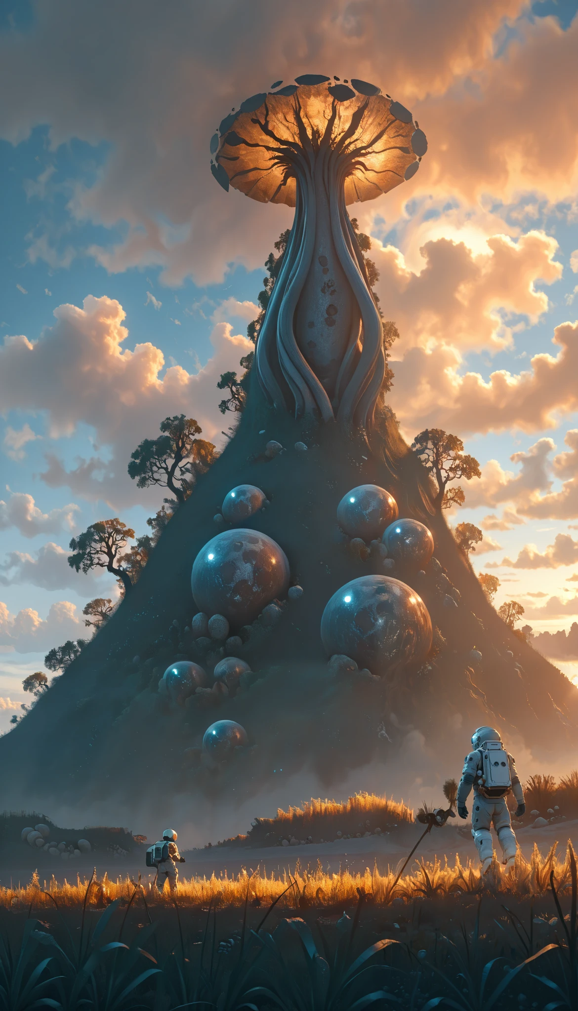 an astronaut,Extraterrestrial trees, (science-fiction astronaut  :1.3) with a (lunar vehicle :1.4), (hostile planet ),(mountains:1.2) (Tall grass:1.4), rocks, fluffy clouds in the sky,  highly detailed , Fine details, intricate,(bloom:0.8),  great depth of field , aliens with tentacles stalking the astronaut,Aliens in the grass ,(alien:1.2)