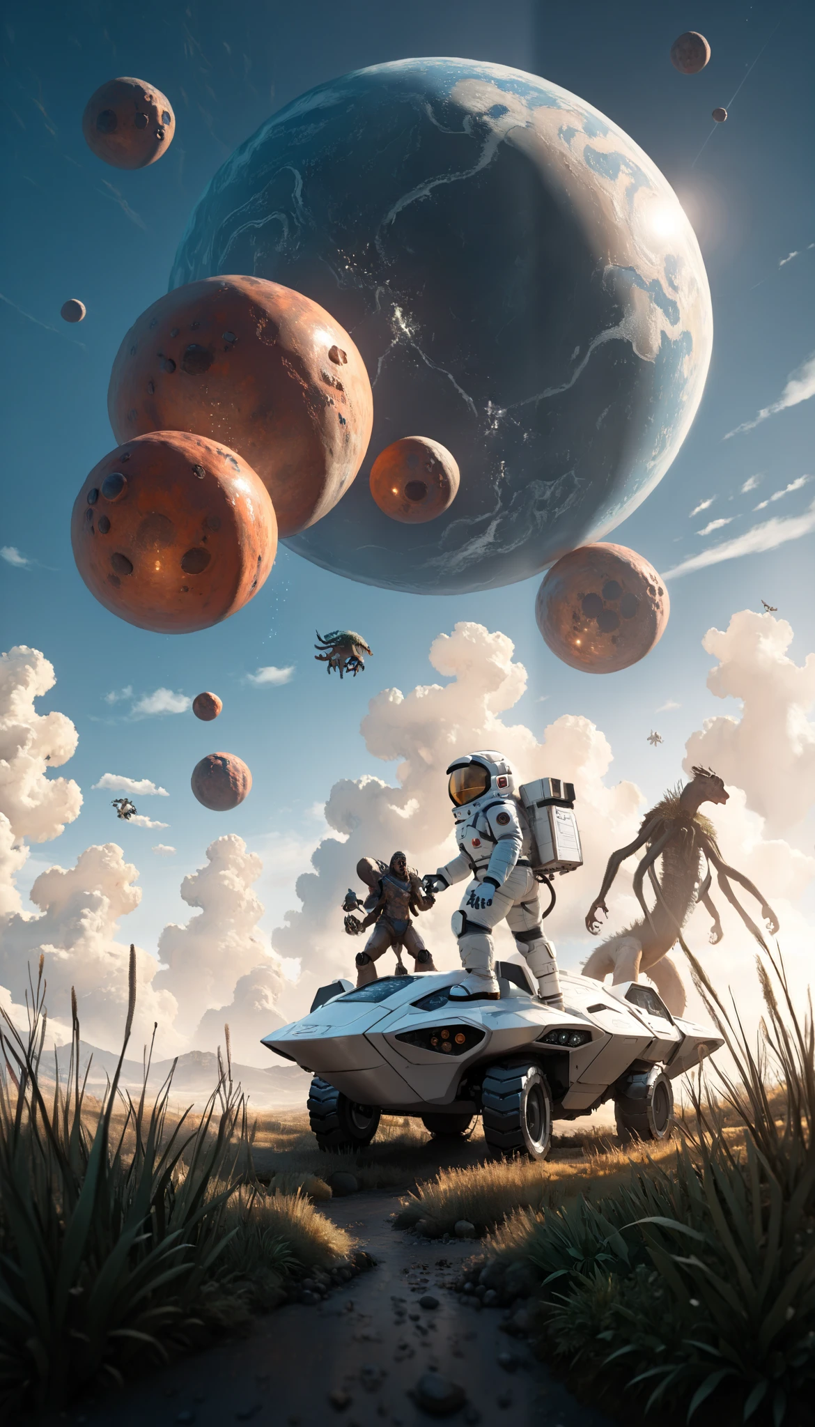 an astronaut, alien trees, (science-fiction astronaut :1.3) with a (lunar vehicle :1.4), (hostile planet ),(mountains:1.2) (Tall grass:1.4), rocks, fluffy clouds in the sky, highly detailed , Fine details, intricate,(bloom:0.8), great depth of field , aliens with tentacles stalking the astronaut,Aliens in the grass ,(alien:1.2)