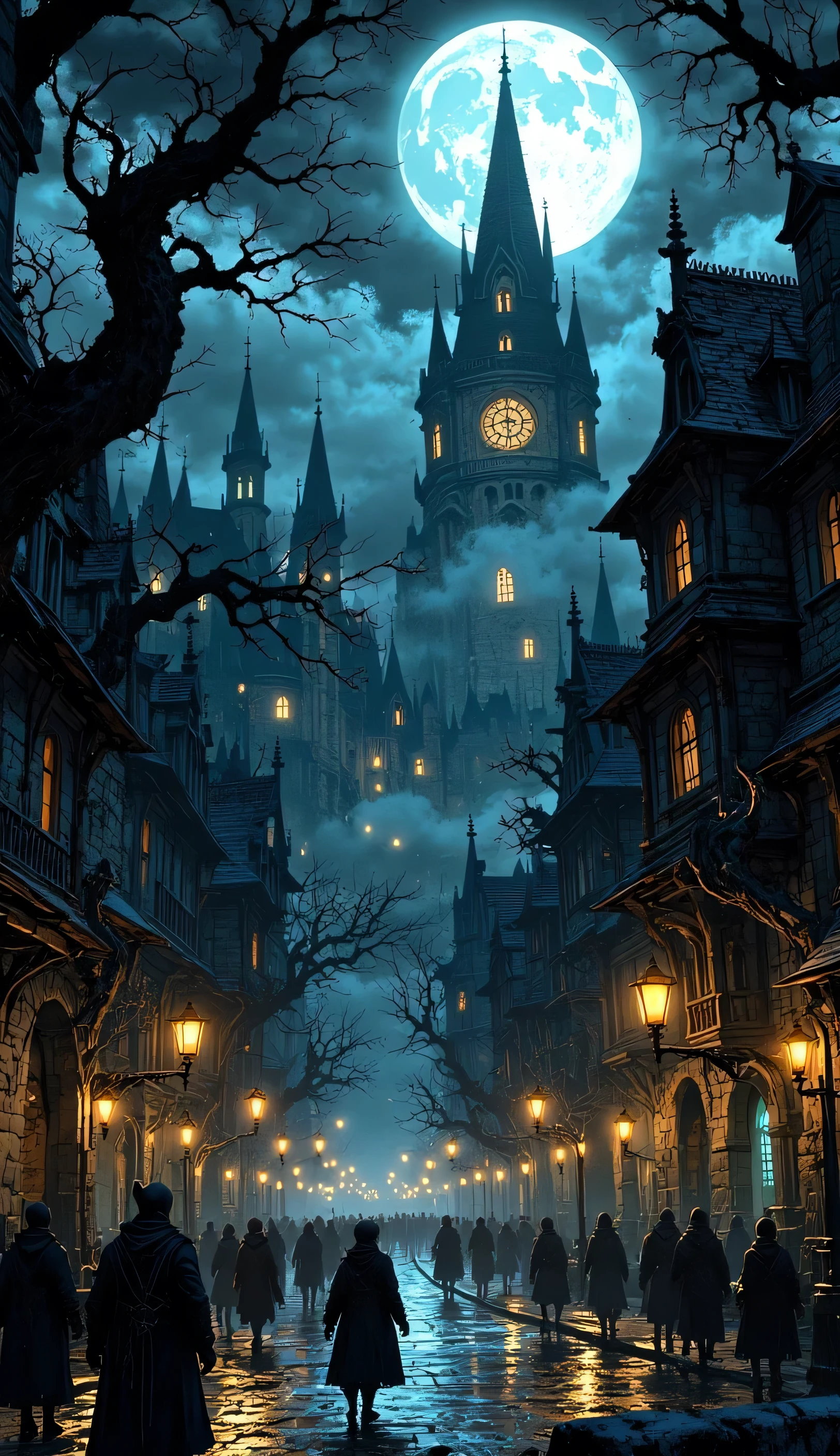 Beautiful dark city with gothic trees