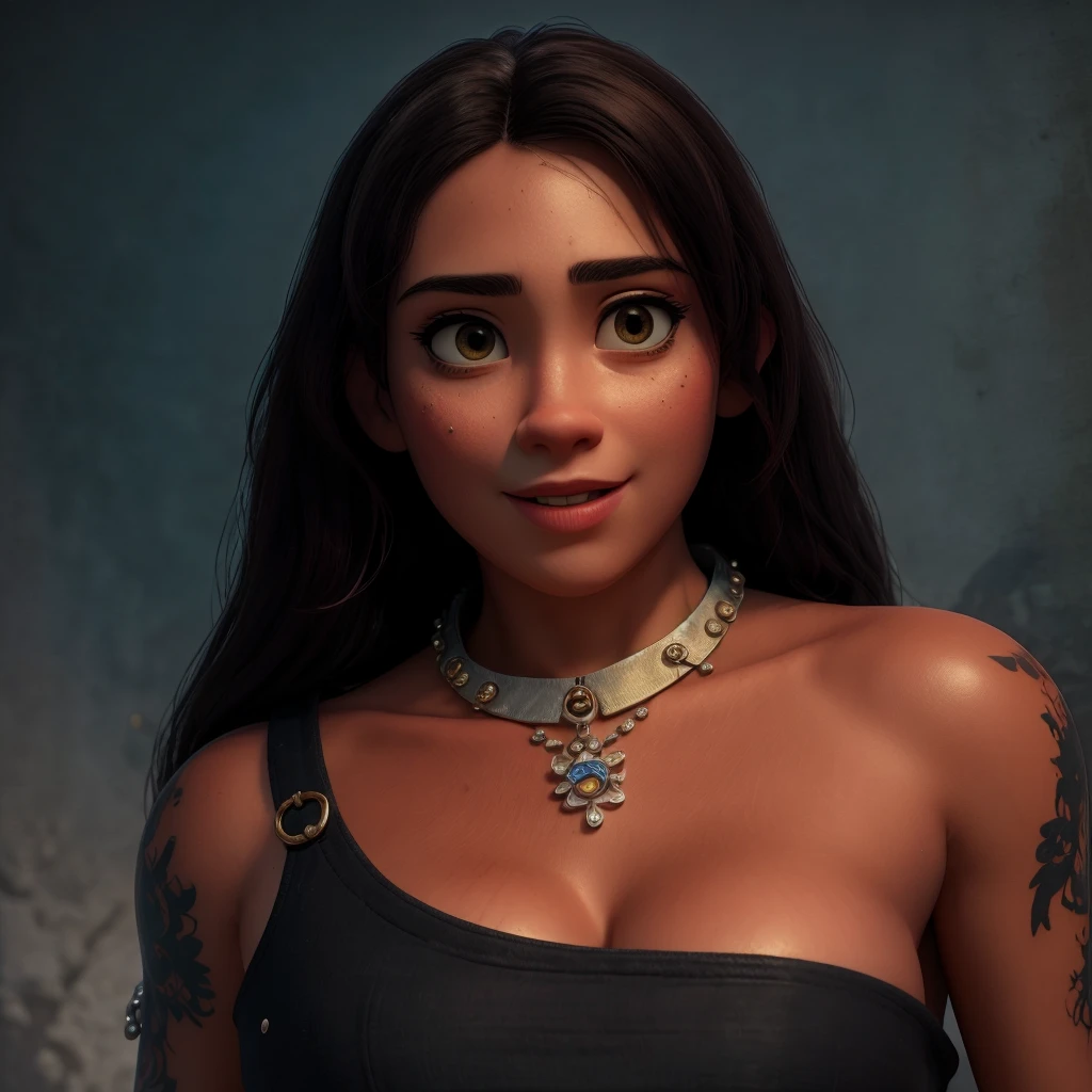 uma mulher morena com um olhar marcante, tatoada, usando regata preta  estilo disney pixar, alta qualidade, melhor qualidade