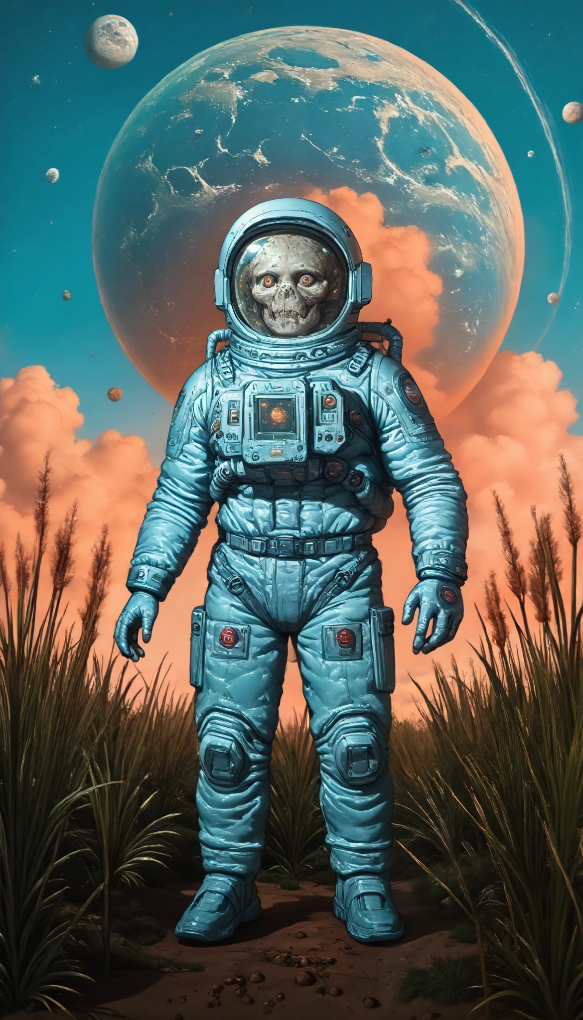 an astronaut,Extraterrestrial trees, (science-fiction astronaut :1.3) with a (lunar vehicle :1.4), (hostile planet ),(mountains:1.2) (Tall grass:1.4), rocks, fluffy clouds in the sky, highly detailed , Fine details, intricate,(bloom:0.8), great depth of field ,(alien:1.2)