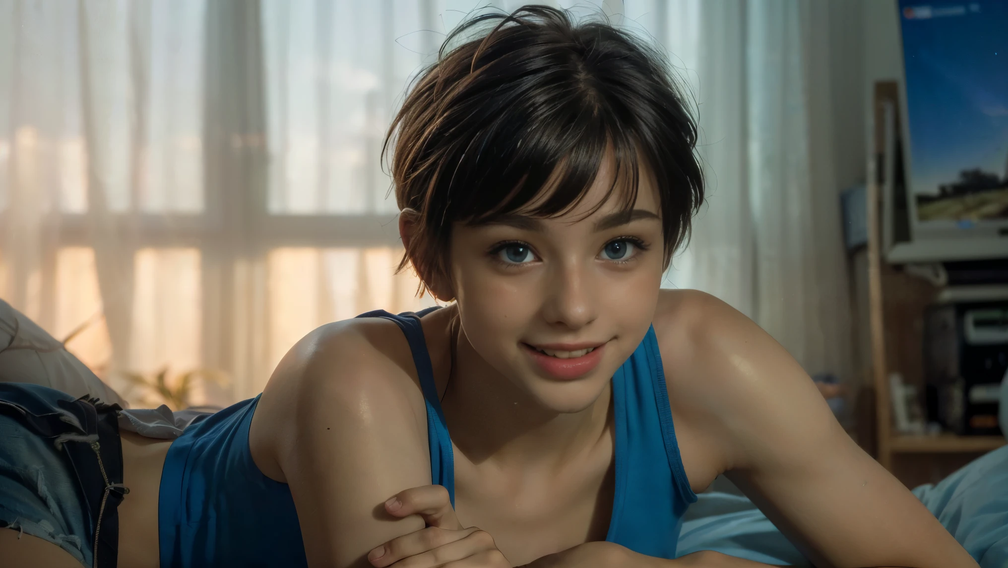 A beautiful slim girl, short hair, tomboy hairstyle, breasts can be seen, wearing very tight pink tshirt.
