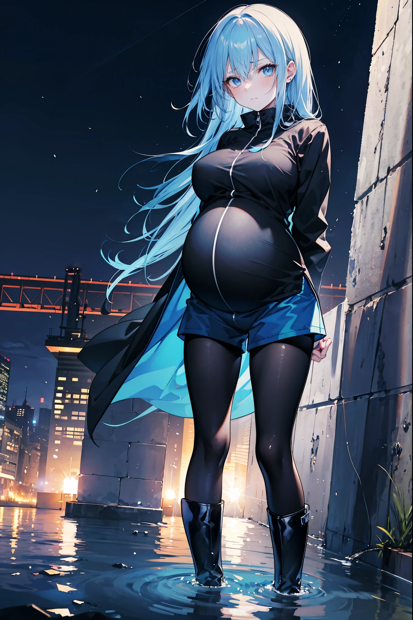 High Resolution, Masterpiece, 4K, snowy riverside, night, 1girl, blue hair, long hair, blue eyes, medium breasts, blue combat coat, black shirt, blue shorts, black leggings, black boots, looking at viewer, arms behind back, pregnant, angry expression, standing in water