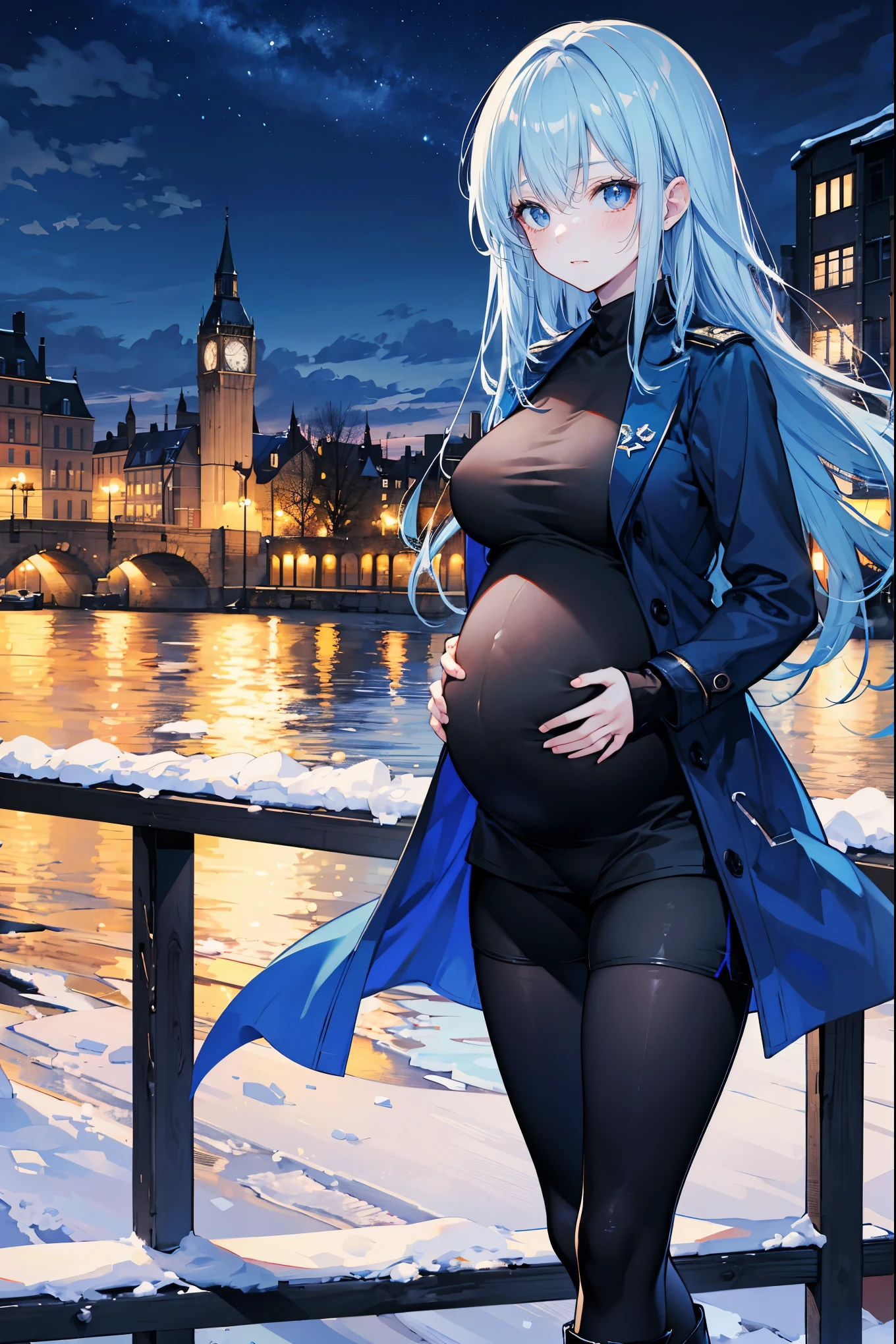 High Resolution, Masterpiece, 4K, snowy riverside, night, 1girl, blue hair, long hair, blue eyes, medium breasts, blue combat coat, black shirt, blue shorts, black leggings, black boots, looking at viewer, arms behind back, pregnant, leaning on railing
