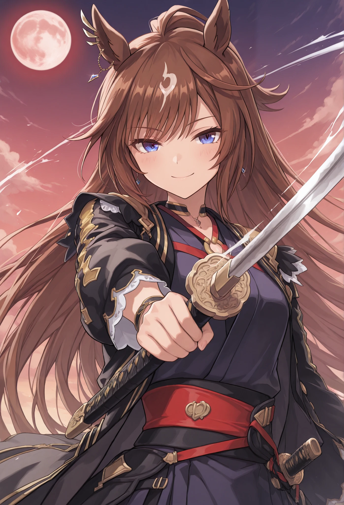{{{ focus on the upper body:1.5}}},( high resolution),( high resolution), ( unity 8k wallpaper),( detailed image ), {{{Type Moon :1.7}}},((draw:1.5)), hard\{{{Uma Musume\}}}, ,{Detailed image of the earring on the right },{ seductive smile} \( Uma Musume\),
,{{{{}}},{{{Hero:1.6}}}},{{heavy cloak with collar }}},{{{ kimono}}}:{{{Demon Horns}}},{{{ big Japanese sword}}},{Onigashima},{full moon and clouds},“A warrior attacking with a katana”
“A swordsman swinging a katana in an attack”
“A samurai charging forward with a katana”
“A ninja slashing with a sharp katana”