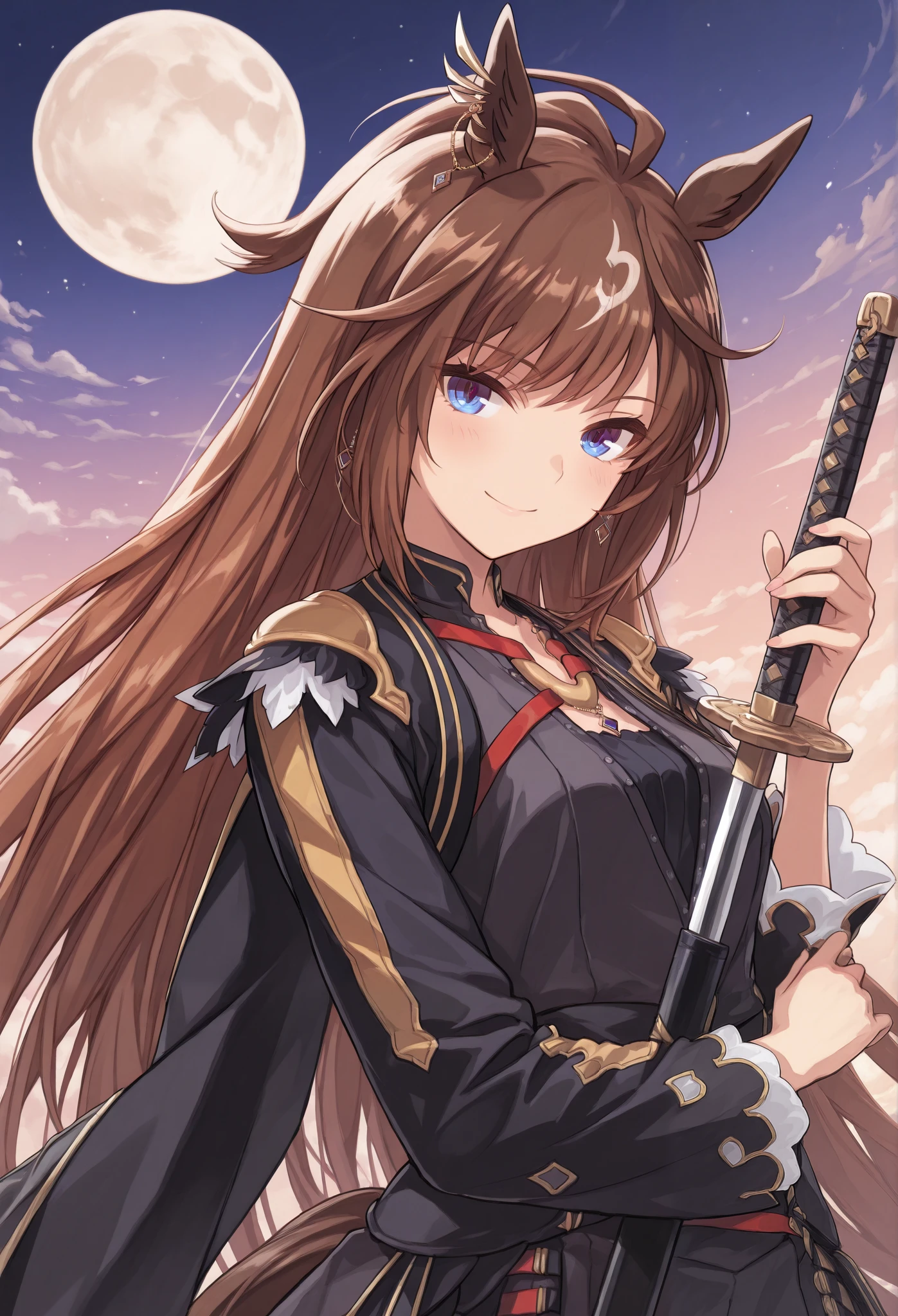  {{{ focus on the upper body:1.5}}},( high resolution),(        high resolution), ( unity 8k wallpaper),( detailed image        ), {{{Type Moon  :1.7}}},((draw:1.5)),  hard\{{{Uma Musume\}}}, ,{Detailed image of the earring on the right },{  seductive smile}  \( Uma Musume\),
,{{{{}}},{{{Hero:1.6}}}},{{heavy cloak with collar }}},{{{ kimono}}}:{{{Demon Horns}}},{{{ big Japanese sword}}},{Onigashima},{full moon and clouds},“A warrior attacking with a katana”
“A swordsman swinging a katana in an attack”
“A samurai charging forward with a katana”
“A ninja slashing with a sharp katana”
