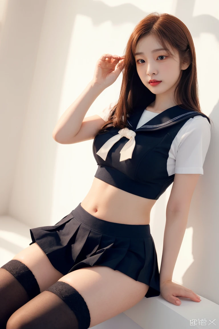 office，(whole body:1.5)，((girl):1.4),(view viewer:1.4)，(anatomically correct:1.3),(Brown and tan sailor suit and plaid high-waisted pleated skirt :1.2),((white pantyhose):1.32),( girl )，((Metal shackles and handcuffs):1.3),(Accurate and perfect face shape:1.3),ultra high definition, Ray tracing, reflected light， Quite accurate, face lighting ，movie lighting, masterpiece, super detailed, high quality, high detail, best quality, 16K，high contrast,huge breasts，thin waist，wear high heel shoes，hollow underwear，Squat down，spread legs，Put your hands behind your back，A well-behaved and obedient sister，Happy expression，Obedient personality、Follow everything，Likeable，付出型性格和Likeable的个性，absolute obedience，Obedient personality、Likeable，pride of obedience，waiting for command