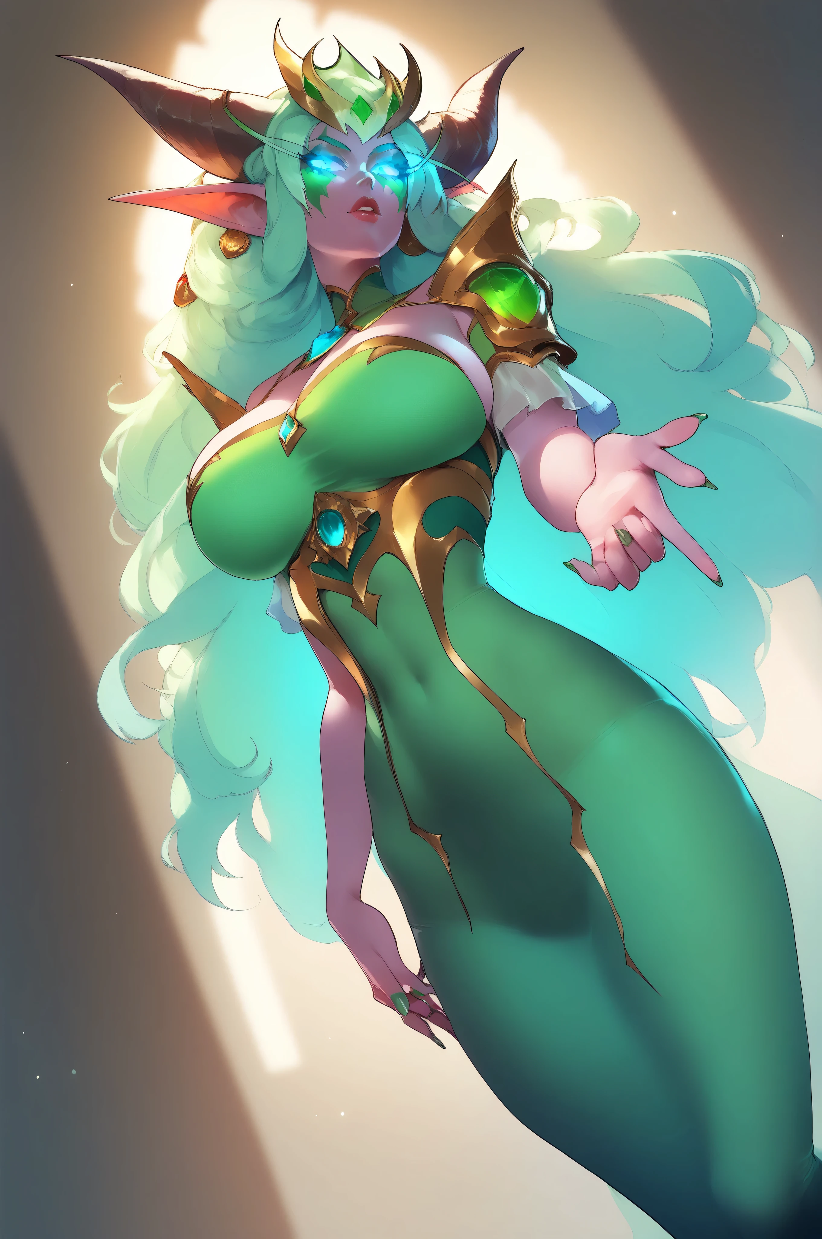 detail, masterpiece, dogs, 1girl, score 9, score 8 and above , Score 7 up , colored skin, purple skin , pointy ears, green hair , Long hair, horns, blue eyes, glowing eyes , IseraQuit , Green Toga , jewelry, full body, full frame, beautiful eyes, pretty face, beautiful fingers, big breasts, waist, bottom view