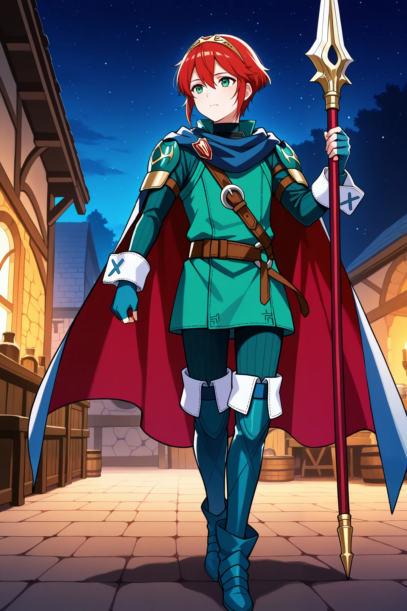 masterpiece, best quality, 1boy, solo, dfLuc, short hair, red hair, tiara, green eyes, cape, blue scarf, green tunic, long sleeves, cuffs, fingerless gloves, belt, green pants, thigh boots, full body, tavern, surrender by mouses and flowers, holding spear, night, chiaroscuro