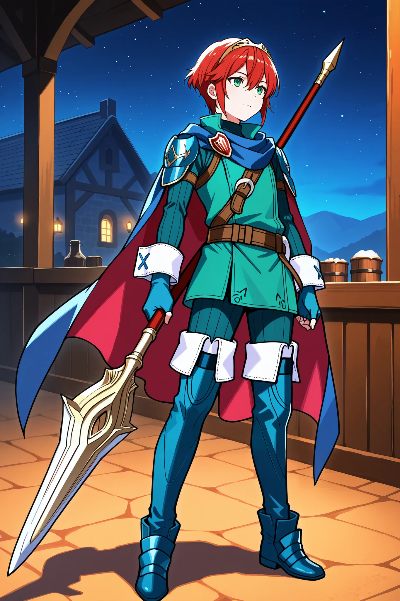 masterpiece, best quality, 1boy, solo, dfLuc, short hair, red hair, tiara, green eyes, cape, blue scarf, green tunic, long sleeves, cuffs, fingerless gloves, belt, green pants, thigh boots, full body, tavern, surrender by mouses and flowers, holding spear, night, chiaroscuro