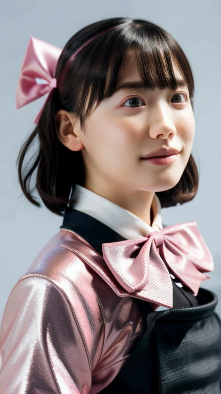 128k female models , Huge breasts,  eyes, ((random short hair style)),  High resolution , Upper body, No background, Studio Lightning , 
((candy blue shiny metal satin,   shirt with a red bow tie and hearts on it))
random angle