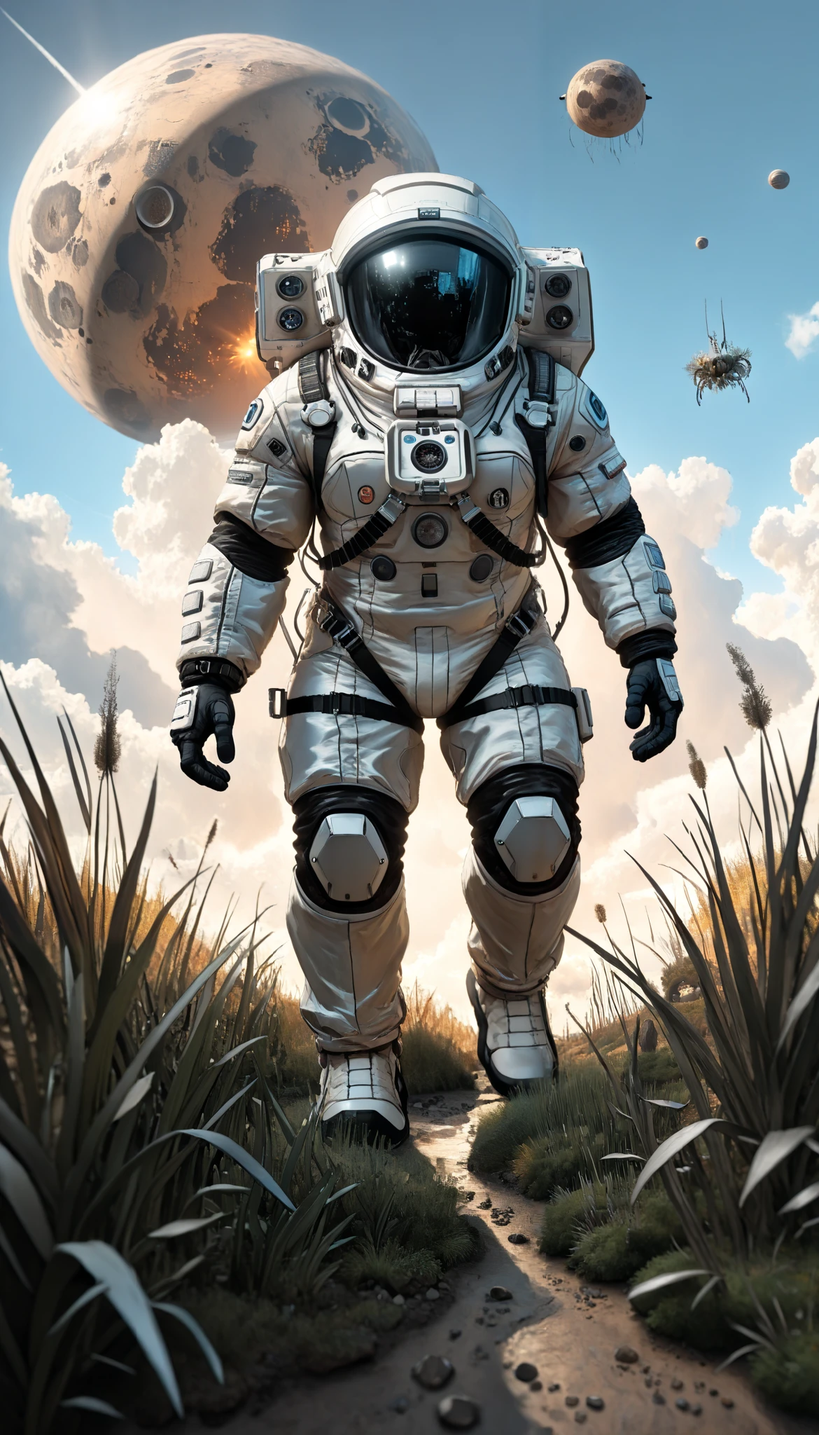 an astronaut, alien trees, (science-fiction astronaut  :1.3) with a (lunar vehicle :1.4), (hostile planet ),(mountains:1.2) (Tall grass:1.4), rocks, fluffy clouds in the sky,  highly detailed , Fine details, intricate,(bloom:0.8),  great depth of field , aliens with tentacles stalking the astronaut,Aliens in the grass ,(alien:1.2), focus on movement ,  instant capture ,