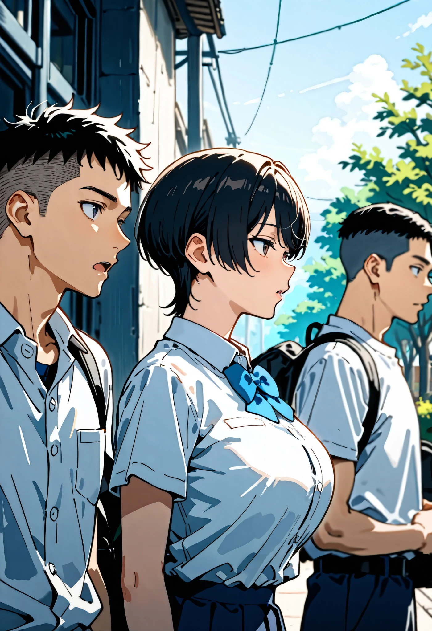 score_9, score_8_up, score_7_up, source_anime, BRAKE ((1boy , open mouth, black short hair, undercut)), White polo shirt, all Back hair, BRAKE 1girl, cute boyish girl, very short hair, black hair, Aquiline nose, big breasts, (short stature), school uniform, navy skirt, White shirt , light blue ribbon, parted lips, warking, outdoor, bored, BRAKE Boys and girls walking together, male focus,Profile