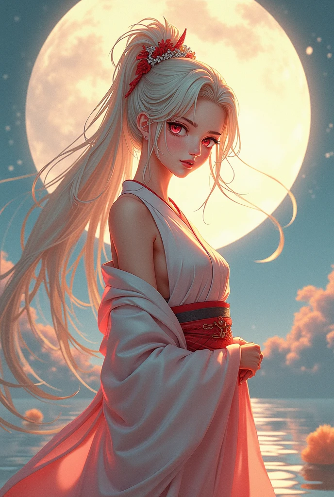 1 person, Beautiful Face, ((White eyes)), Sexy pose, Red moon in the background, performer, space, (Lightroom:1.13), Russ&#39;s outfit, (Natural skin texture:1.2), (Hyperrealism:1.2), Sharp focus, Focused,[[Realist]]
