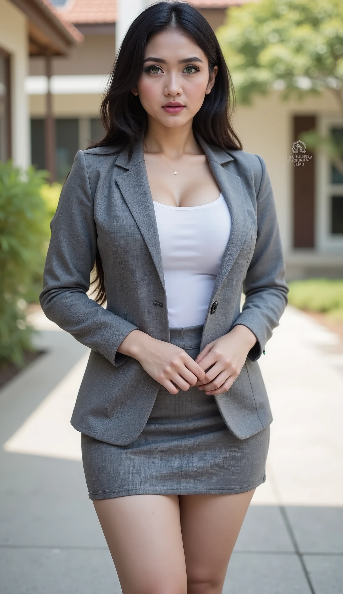 Indonesian adult woman , Has wavy rectangular hair in black , and wears a gray knit blazzer shirt and a T-shirt in white , and wearing a grey tight mini skirt with a very wide skirt at the thigh , and wearing black heels . Curvy body ( solid contains), very white skin , big round butt , round eyes using green soflens and eyeshadow of green color , lashes using mascara , very thick maroon lips , fingers hand detail ,white hand nails detail , maroon cheeks , face detail , sweet smiling face to camera , pose standing facing backwards ( looking at her thighs to the camera ), (( a photo of her full body )) . location is on the courtyard of a school . (( The lighting of the photo object is very bright and clear )), high level detail , RAW photo, 8k , (( realistic )).