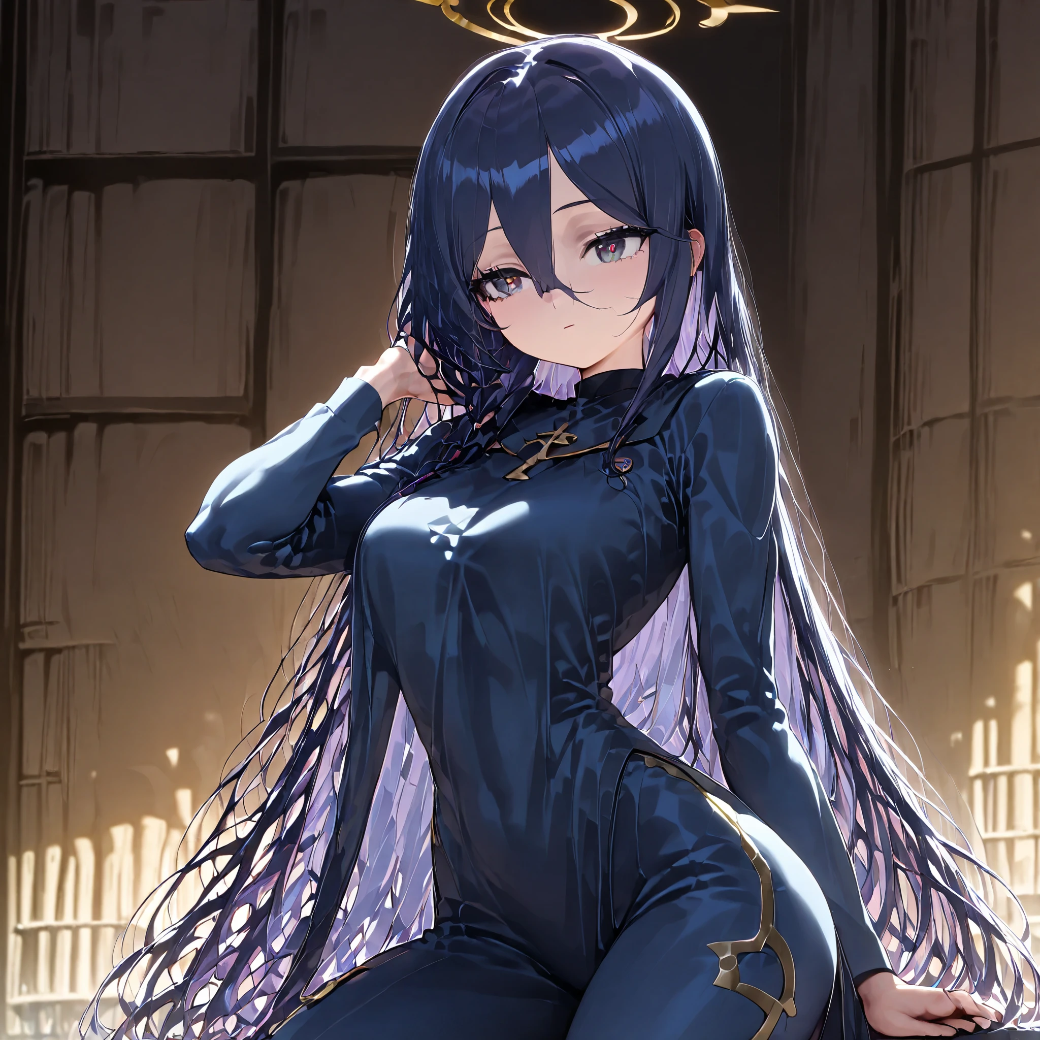 Girl with long wavy dark blue hair. Her eyes are green with a golden glow and her skin is pale. She has a slim figure , but with defined muscles , and wears practical clothes : a black blouse, flexible pants and sturdy boots . Her dark robe with discreet symbols completes her look .