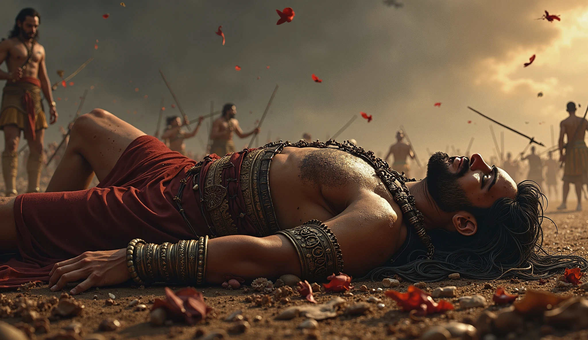 man strong, bearded, hairy and virile in underwear with an Islamic cap on his head shaving the body hair of a young man in underwear on the altar before the strong image of Zeus.