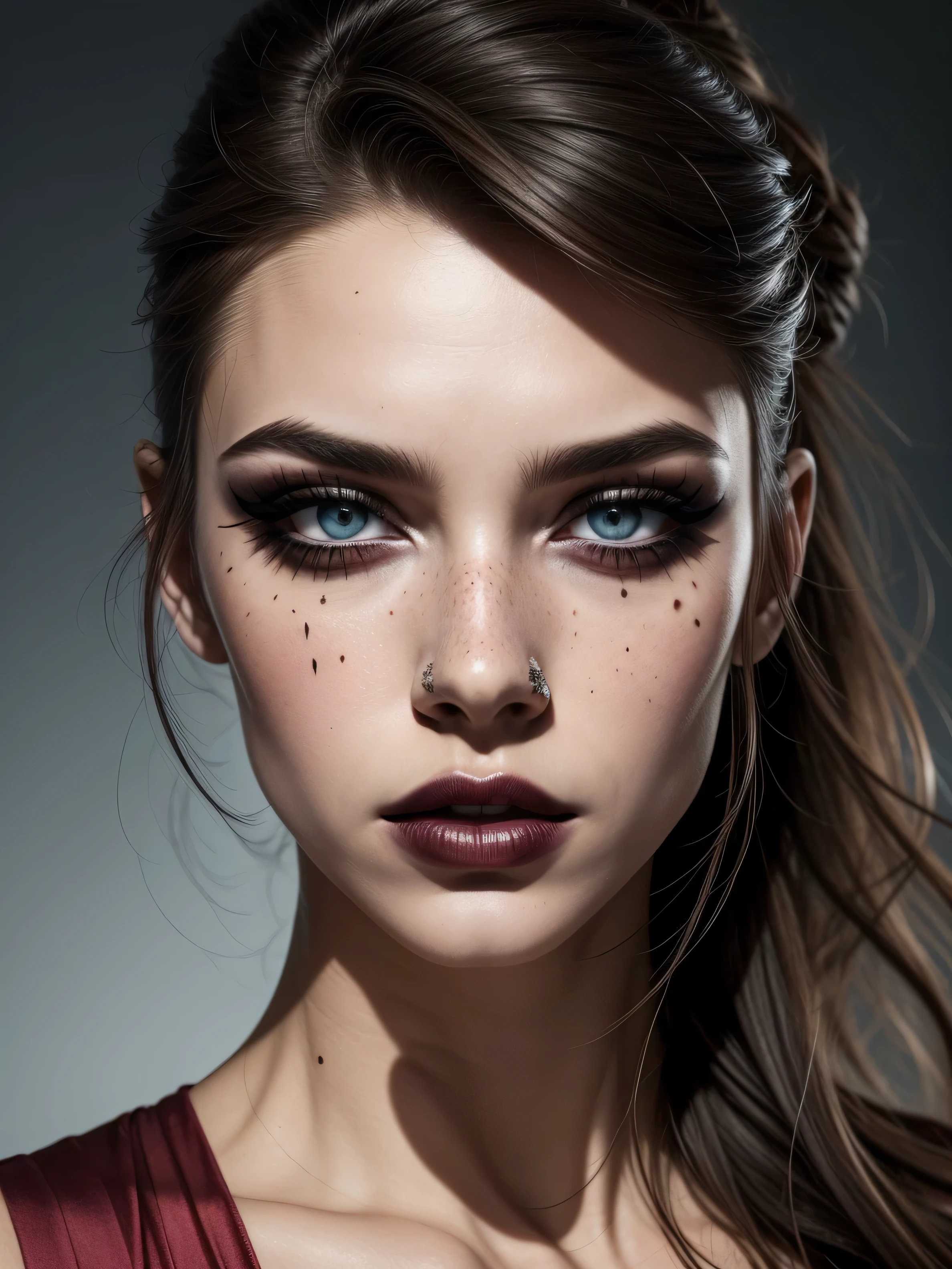 A woman with strong, artistic makeup, her eyes marked by an intense black smoky eye that creates a dramatic look. Her lips are painted a vibrant red, with a touch of gloss and a slight smudge that increases the intensity and sensuality of the image. Her skin is flawless, almost luminous, and her gaze is direct, giving off a powerful and sexy vibe. Her hair is slicked back, highlighting her face and enhancing her makeup.