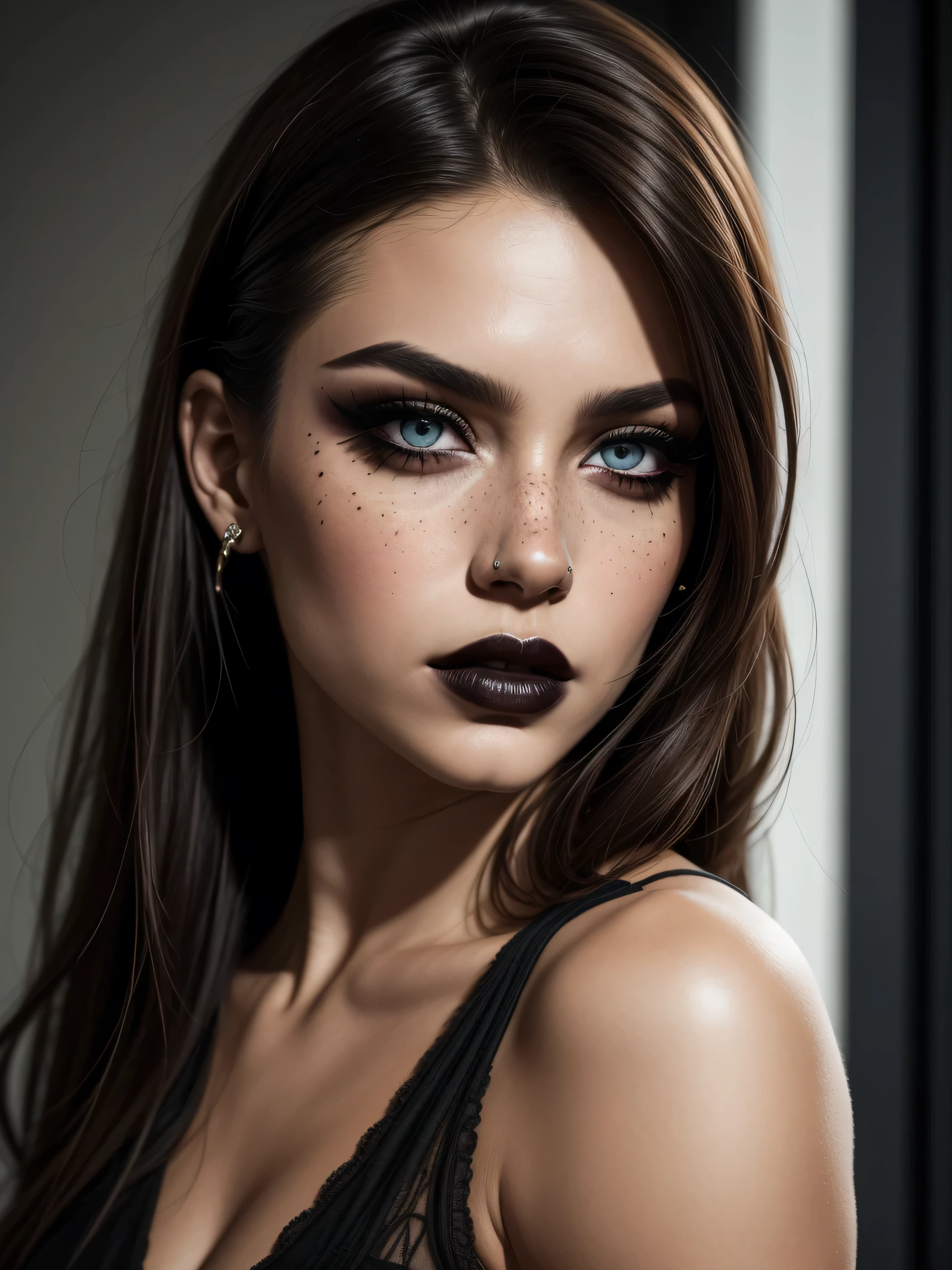A woman with strong, artistic makeup,The lighting is soft, creating natural shadows that highlight the texture of the skin, her eyes marked by an intense black smoky eye that creates a dramatic look. Her lips are painted a vibrant red, with a touch of gloss and a slight smudge that increases the intensity and sensuality of the image. Her skin is flawless, almost luminous, and her gaze is direct, giving off a powerful and sexy vibe. Her hair is slicked back, highlighting her face and enhancing her makeup.