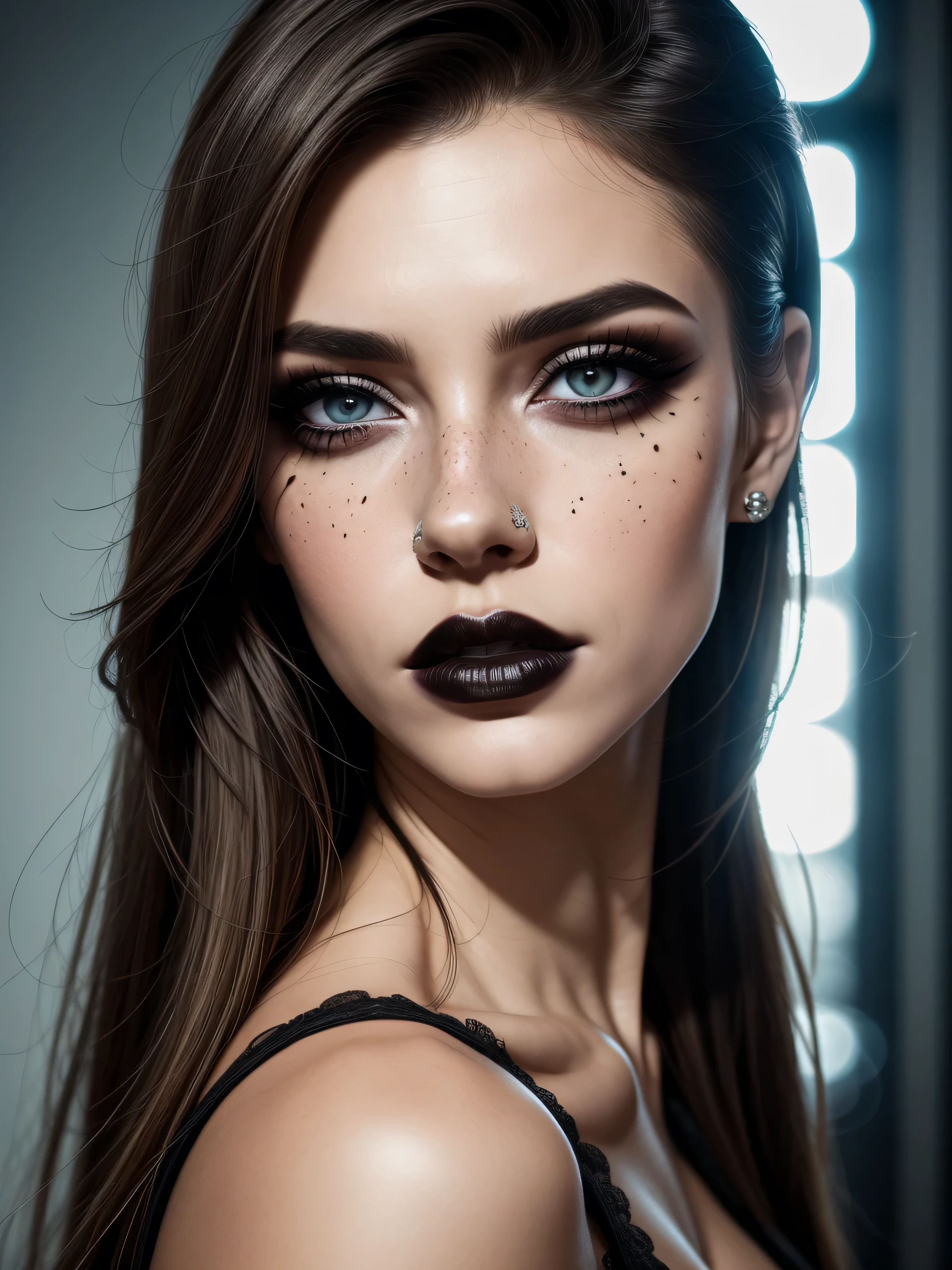 A woman with strong, artistic makeup, her eyes marked by an intense black smoky eye that creates a dramatic look. Her lips are painted a vibrant red, with a touch of gloss and a slight smudge that increases the intensity and sensuality of the image. Her skin is flawless, almost luminous, and her gaze is direct, giving off a powerful and sexy vibe. Her hair is slicked back, highlighting her face and enhancing her makeup.
