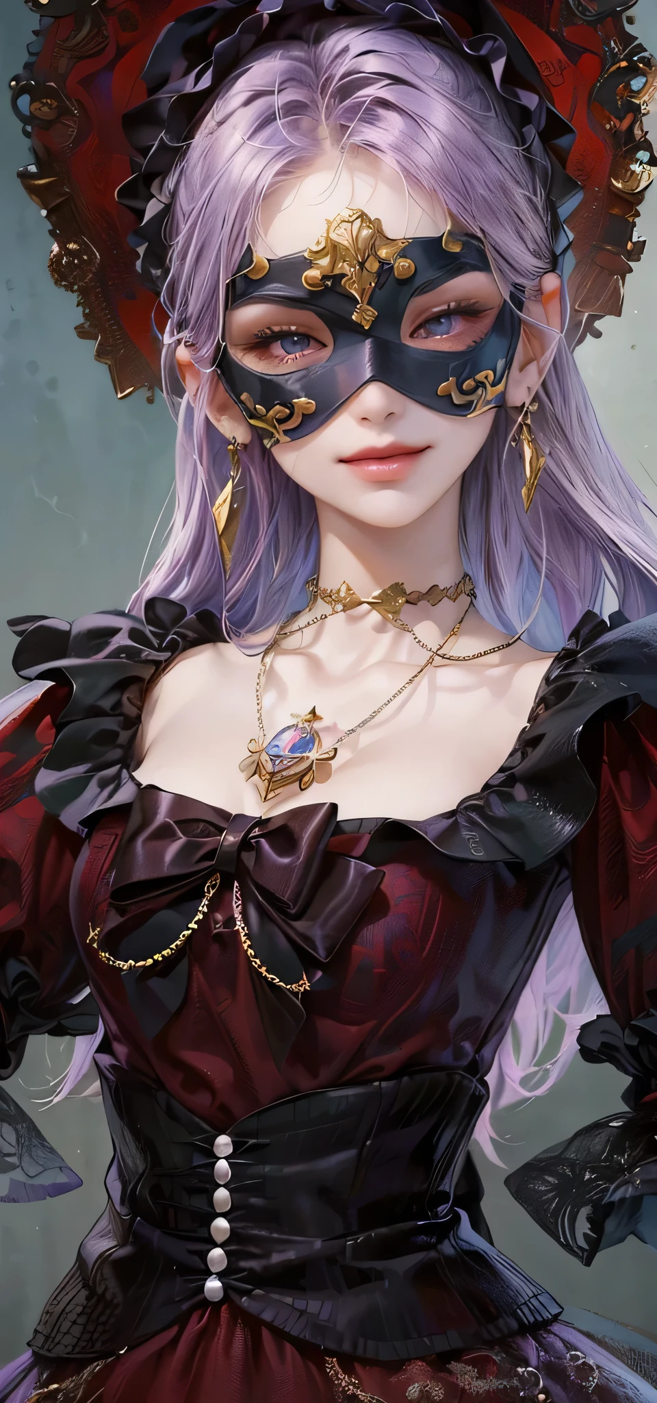 8k, masterpiece, best quality, highly detailed, 1 girl, tiefling, warlock, pixie cut, multicolored hair, very short straight hair red highlight hair on white hair, strippled hair, wearing glasses, round glasses, earrings, navel piercing, red eyeshadow, long eyelashes, blushed cheek, red lips, pearl necklace, rings, collarbone, mole on face, glamorous, teal and purple clothes, miniskirt, smirk, close up view, rings, looking at viewer, demon horns, solo, blood red moon, standing, royal dress, chains