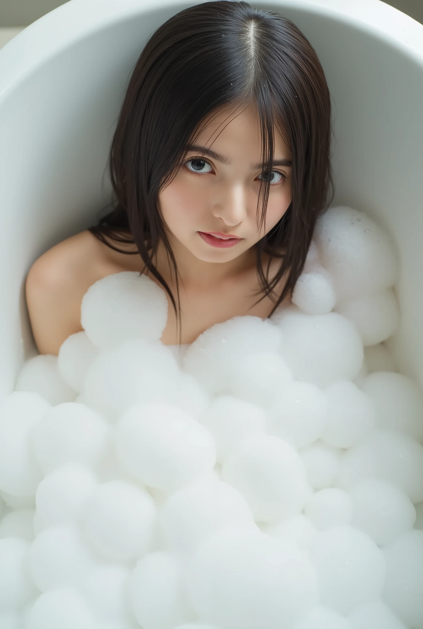 Professionally photographed, realistic, (((Top shot of an Asian woman lying in a bathtub))), she has medium long hair))),((She is taking a bath)), she has beautiful natural makeup, bathtub full of bubbles, photo with bubbles flying in the foreground, SFW censored with soap bubbles, intricately detailed