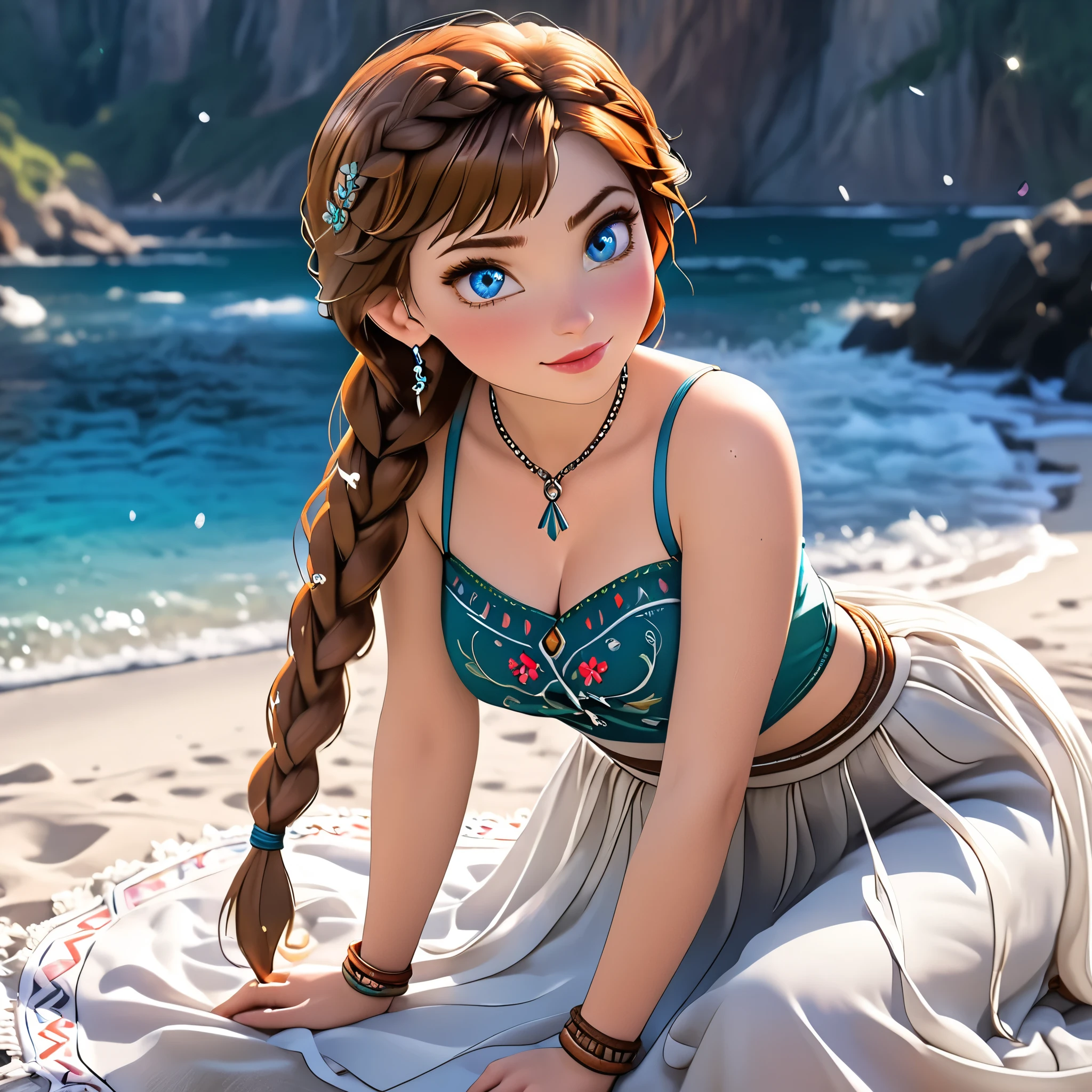(beautiful girl:1.3),1girl,masterpiece,Highest quality,Ultra-high resolution,rich contrast,super high quality,8k,Highly detailed CG unit wallpaper,texture,Incredibly absurd,Ultra-high resolution,Highest quality anime,professional photograph,an extremely delicate and beautiful,RAW Photos,Depth of Field 1.2,ultra-detailed eyes,Glitter Effect,Beautiful glossy lips, 25years old, gorgeous legs, noise perfect, gorgeous ass, 1girl, gorgeous ass, dynamic pose, sensual woman, seductive woman, mature woman, Milf, maternal, shy look, full body, (type of photo: medium shot, portraying the person from head to waist), orange hair, blue eyes, twin braids, Princess Anna from Frozen, DisneyAnna, Boho Set (Adventure and Freedom): Top: Sleeveless linen blouse in terracotta tone with floral embroidery in white thread, with a "V" shaped neckline and thin straps.    Bottom: Long skirt with a wrap-around cut, with a multicolor ethnic print in warm tones (red, orange and yellow). The skirt has a lace fringe at the bottom edge.    Shoes: Brown leather sandals with thin straps and beaded details. Accessories: Wooden bracelets, silver rings and a straw bag with leather details.