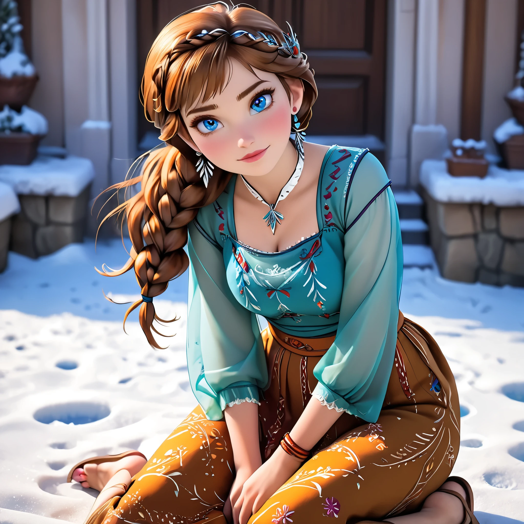 (beautiful girl:1.3),1girl,masterpiece,Highest quality,Ultra-high resolution,rich contrast,super high quality,8k,Highly detailed CG unit wallpaper,texture,Incredibly absurd,Ultra-high resolution,Highest quality anime,professional photograph,an extremely delicate and beautiful,RAW Photos,Depth of Field 1.2,ultra-detailed eyes,Glitter Effect,Beautiful glossy lips, 25years old, gorgeous legs, noise perfect, gorgeous ass, 1girl, gorgeous ass, dynamic pose, sensual woman, seductive woman, mature woman, Milf, maternal, shy look, full body, (type of photo: medium shot, portraying the person from head to waist), orange hair, blue eyes, twin braids, Princess Anna from Frozen, DisneyAnna, Boho Set (Adventure and Freedom): Top: Sleeveless linen blouse in terracotta tone with floral embroidery in white thread, with a "V" shaped neckline and thin straps. Bottom: Long skirt with a wrap-around cut, with a multicolor ethnic print in warm tones (red, orange and yellow). The skirt has a lace fringe at the bottom edge. Shoes: Brown leather sandals with thin straps and beaded details. Accessories: Wooden bracelets, silver rings and a straw bag with leather details.