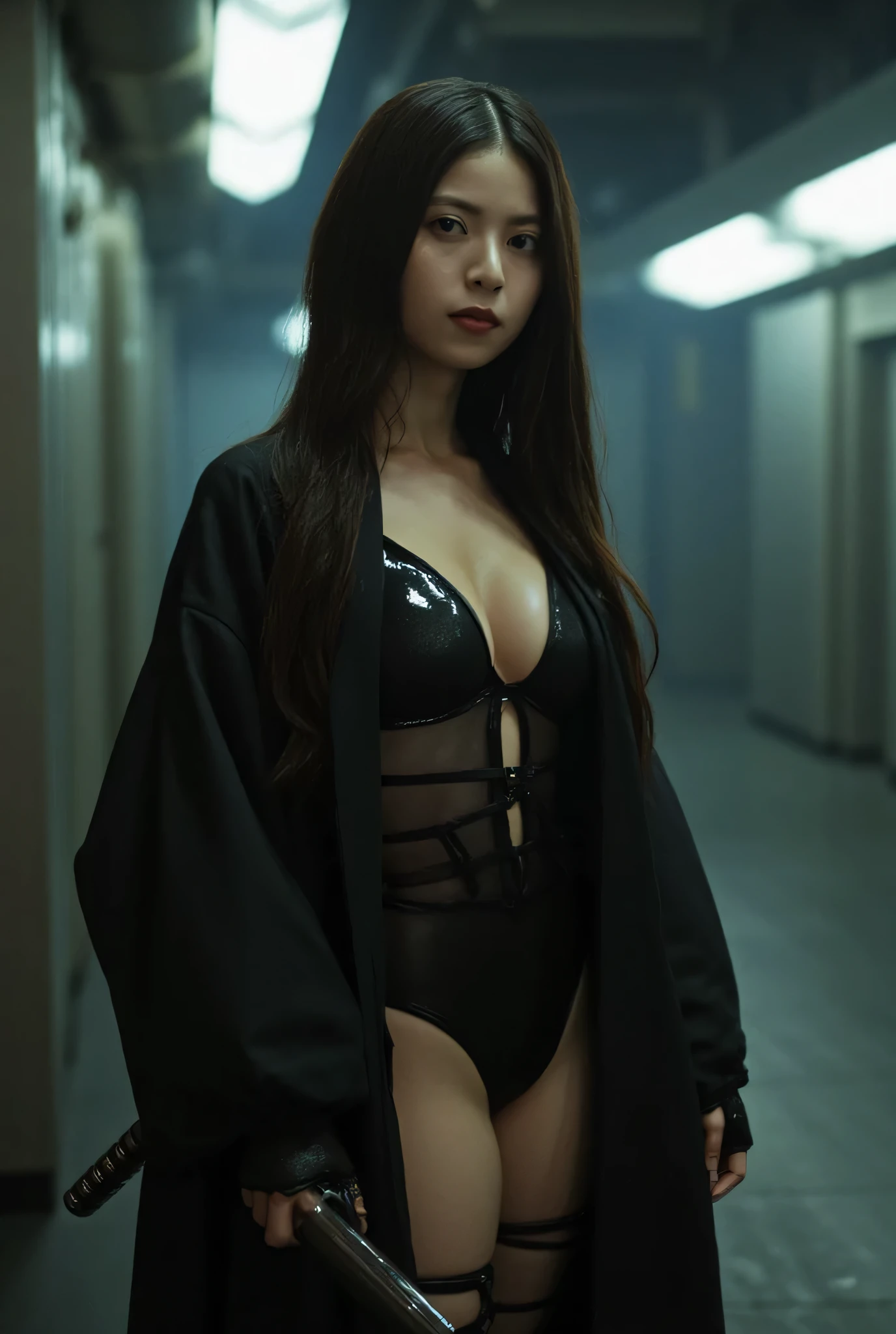 (((The dark interior of the Nostromo ship :2.0))),((( HR Gigger Style Cyberpunk Atmosphere :2.0))),((( Hold a cyberpunk-style Japanese sword :2.0))), standing,((whole body:2.0)), one woman,( cute face),(Beautiful well-balanced face ),(( natural big breasted :2.0)),( black hair:1.5),( beautiful eyes:1.3), Glamorous Shot of a 20-year-old Japanese Woman , Slender Beautiful Body ,(( Model Body Type:2.0)),((Slim body:1.7)), perfect body line , Ideal Proportions ,(( big breasts:2.0)),((F cup breasts:1.5)),Big Breasts,Bare thighs, sensual thighs, delicate body,( Shrimp:1.7),A harmonious posture,((Realistic breast depiction :1.7)), carefully depict limbs based on perfect anatomy,((Wear a samurai kimono-style military coat with an open front over a black super high-leg leotard :1.5)),(( super high leg leotard made of camy-like latex that fits the body:1.5)),((Samurai armor-style military coat with an open front over a leotard:1.5)),(ear monitor:1.5),((Tactical Holster:1.5)),( gloves:1.3), concept art ,( top quality:1.5),( Masterpiece:1.5),(Super high resolution),resolution,UHD,( delicate depiction), carefully drawn with butterfly wings ,32K,(( realistic skin texture on the beach:1.5)),((( super realistic:1.5))),Draw eyelashes carefully, highly detailed faces at a pachinko parlor,Highly detailed female hand,Sexy appearance,Very sensual,(Blurry Dim Backgrounds :1.5), Professional Photoshoot,( Movie Lighting:2.0),(( Blade Runner Style Lights :2.0))