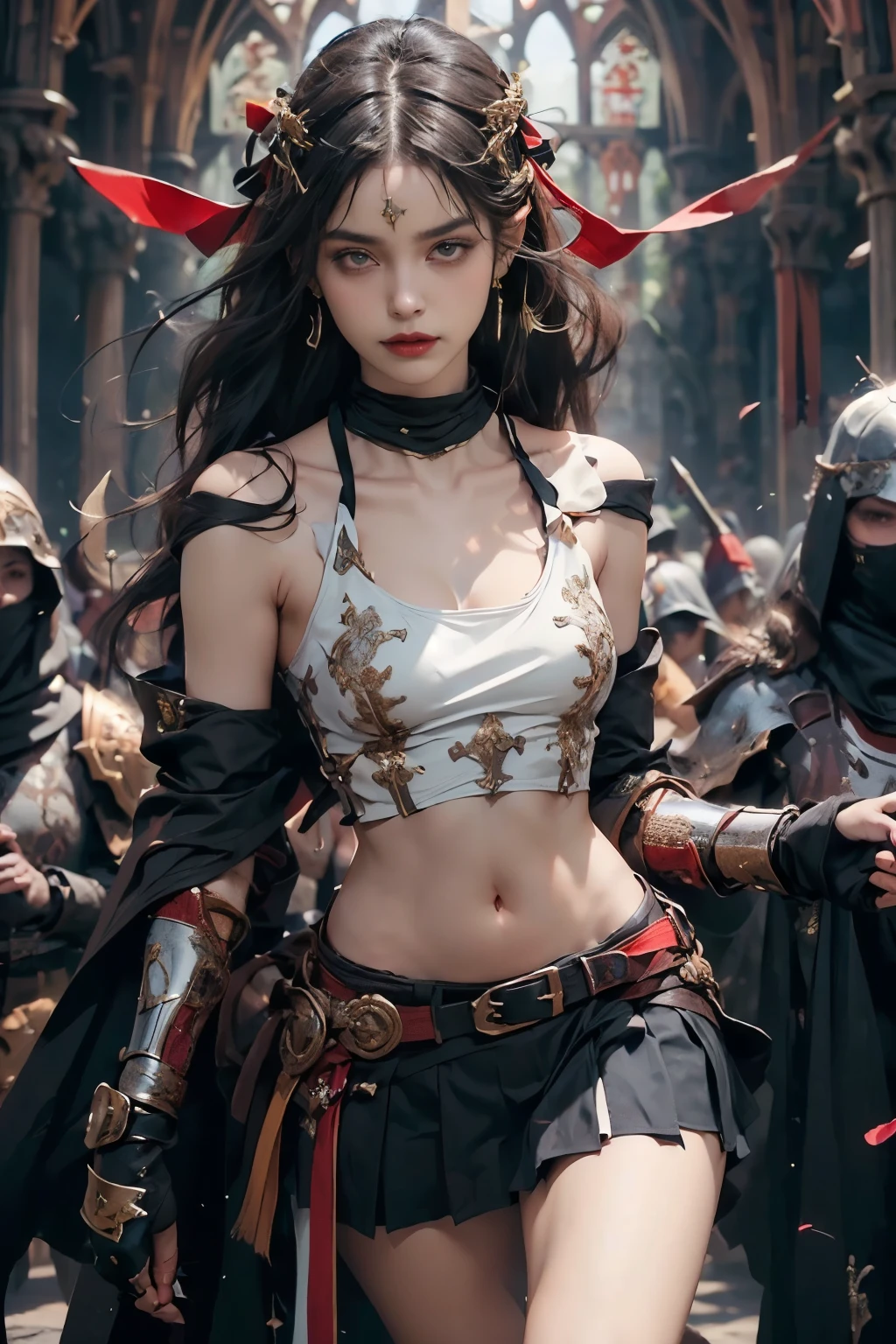 （Positive focus），（in the darkness nigth：1），（best qualtiy），（Fidelity：1），filmposter，realistic skin textures，highly  detailed，8k wallpaper，Volumetriclighting，Dynamic Lighting，one-girl，cabelos preto e longos，horse tailed，Black Metal Armor，red waistband，Black armor，Shoulder blades，Waist Guard，Hand Guard，Wear a veil，Hold the long sword in front of you，Ancient Chinese wind，Fighting posture，Lots of blood，face with blood stains，Broken clothes，Ancient Chinese Battlefield，A group of ancient soldiers chased and killed,Arrows fly,There is a lot of war，the night，Dramatic composition，Sword qi surrounding，The picture is rich in detail，diamonds,Movie Lighting,（jiayi：1.5）， closeup cleavage,tmasterpiece， best qualtiy,RAW photo,realisticlying,the face， Incredibly Ridiculous res,depth of fields,A high resolution,ultra - detailed,finedetail,The is very detailed,Extremely detailed eyes and face,Sharp pupils,realistic pupil,tack sharp focus,cinmatic lighting,The shoulders have exposed skin,The belly button is exposed,The thighs of the legs are exposed,Sniper,A sharp eye as a sniper,A tomboyish beautiful girl,Her appearance is that of a peerless beauty.,Thin and lean body type,skinny,Small Bust,Flat Chest,Small breasts,Small waist,Thin pelvis,Thin legs,Thin legs,,small hip,Morning sun and strong sunlight,City in flames,ruins,Beautiful nipples,
