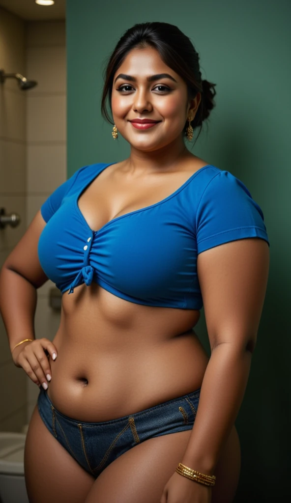 50 yo Kerala chubby fat actress sona nair, wearing blue sleeveless tshirt and jeans,showing cleavages, at washroom