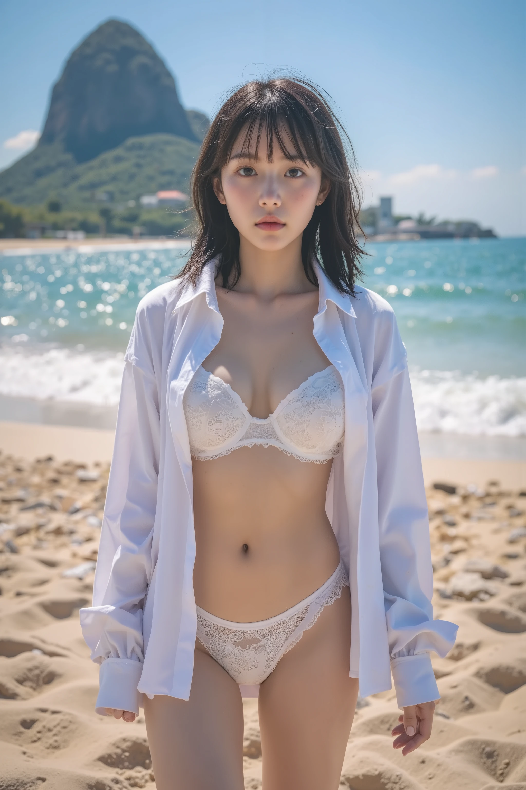 An attractive young East Asian girl in their mid-20s, looking invitingly at the camera in an alluring white-laced g-string, wearing a white unbuttoned high-school shirt that reveals her neck and hint of cleavage, moderate breasts, no makeup, on a sunshine private beach with a mountain top as a background.