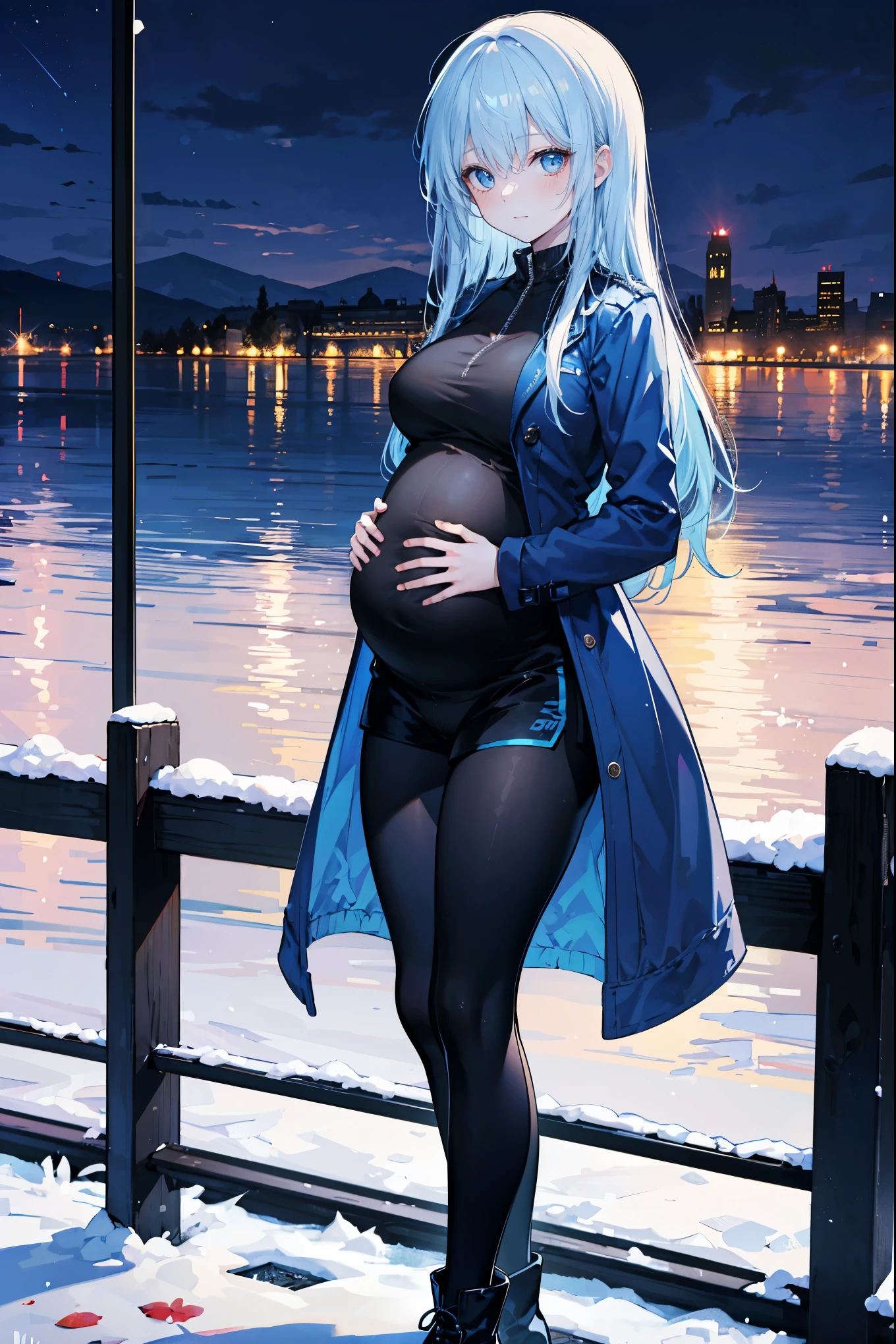 High Resolution, Masterpiece, 4K, snowy riverside, night, 1girl, blue hair, long hair, blue eyes, medium breasts, blue combat coat, black shirt, blue shorts, black leggings, black boots, looking at viewer, arms behind back, pregnant, leaning on railing